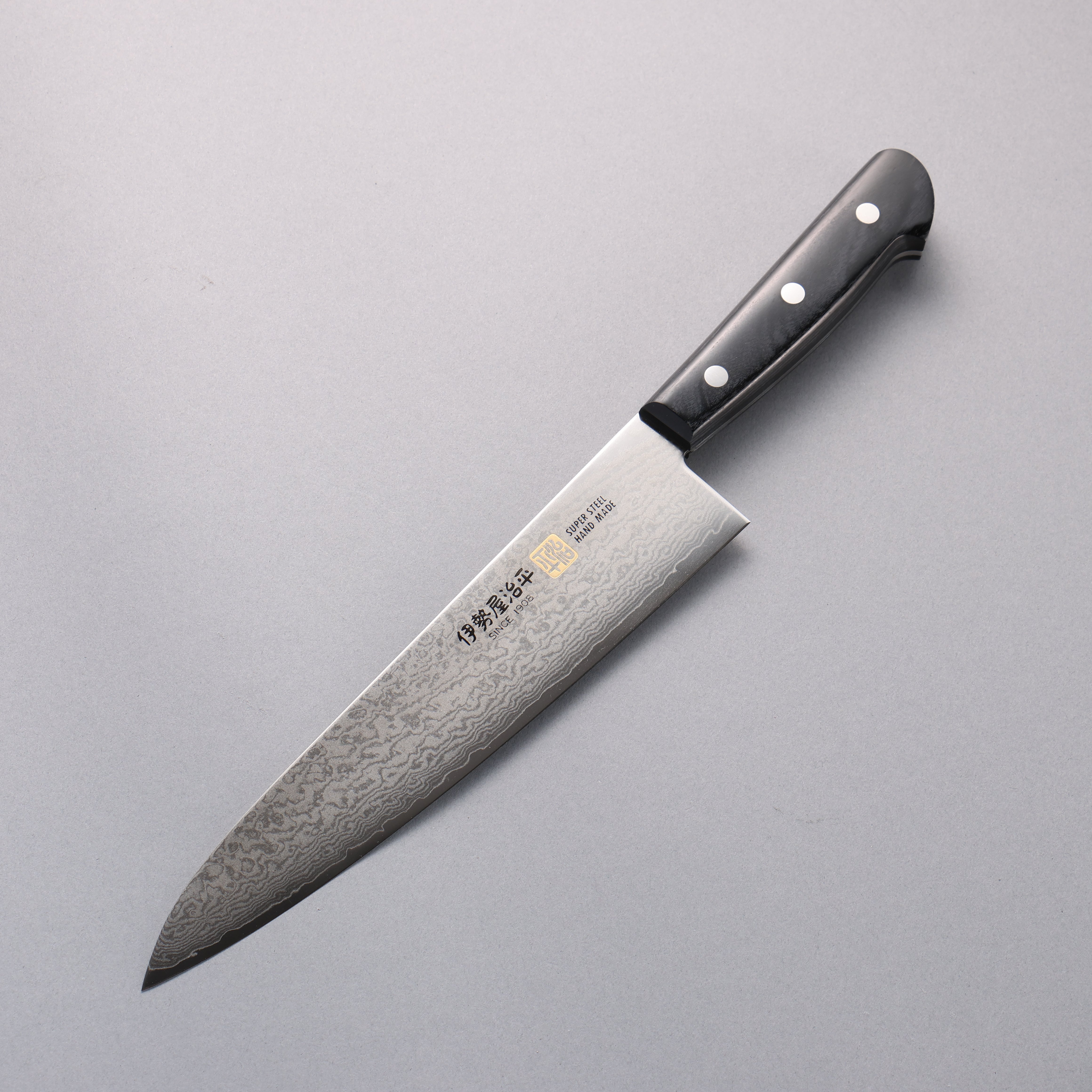伊勢屋 VG10 大馬士革紋 牛刀 210mm 黑合成木握把 - 清助刃物