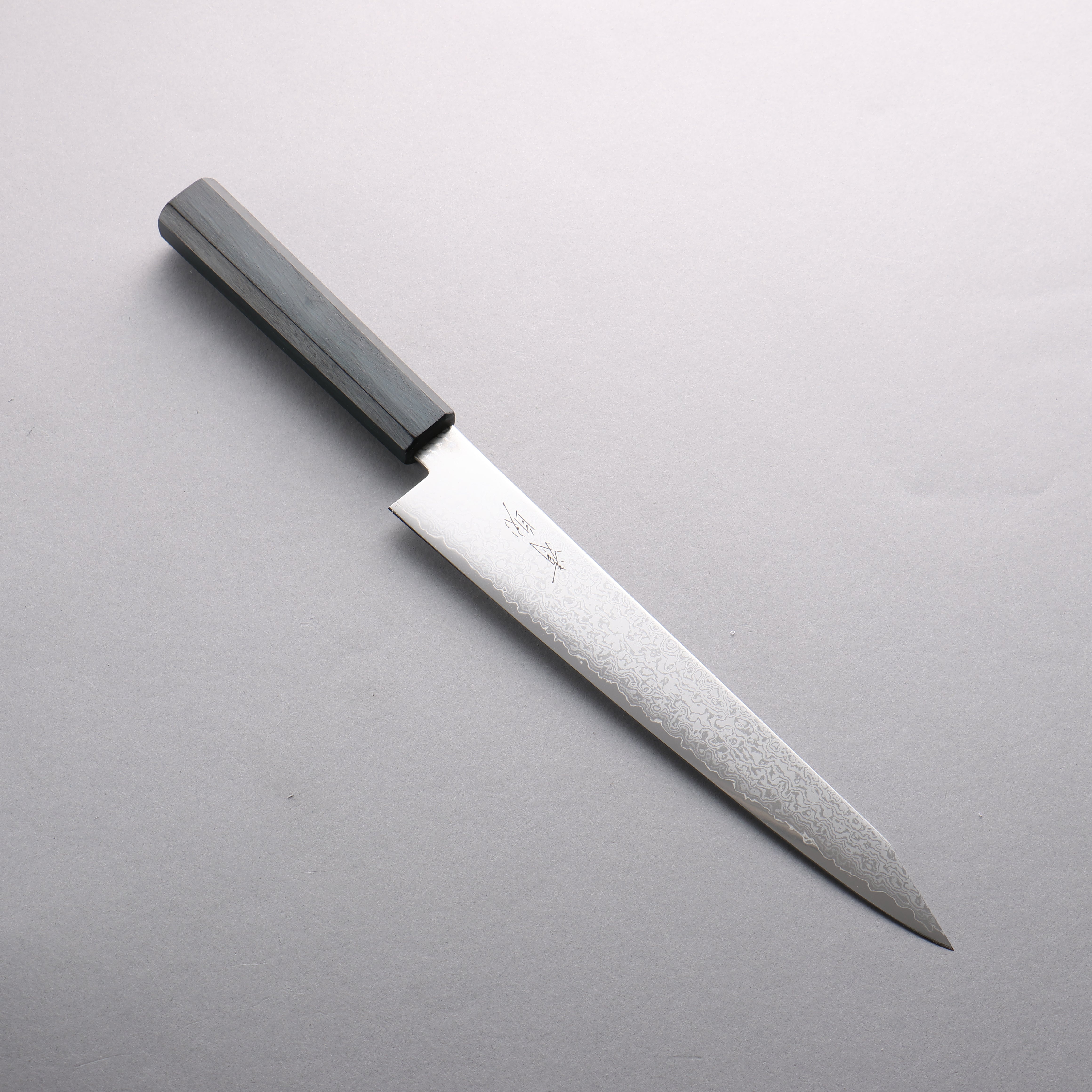 清助 VG10 大馬士革紋 切付筋引 240mm 橡木(靛藍染色) 握把 - 清助刃物