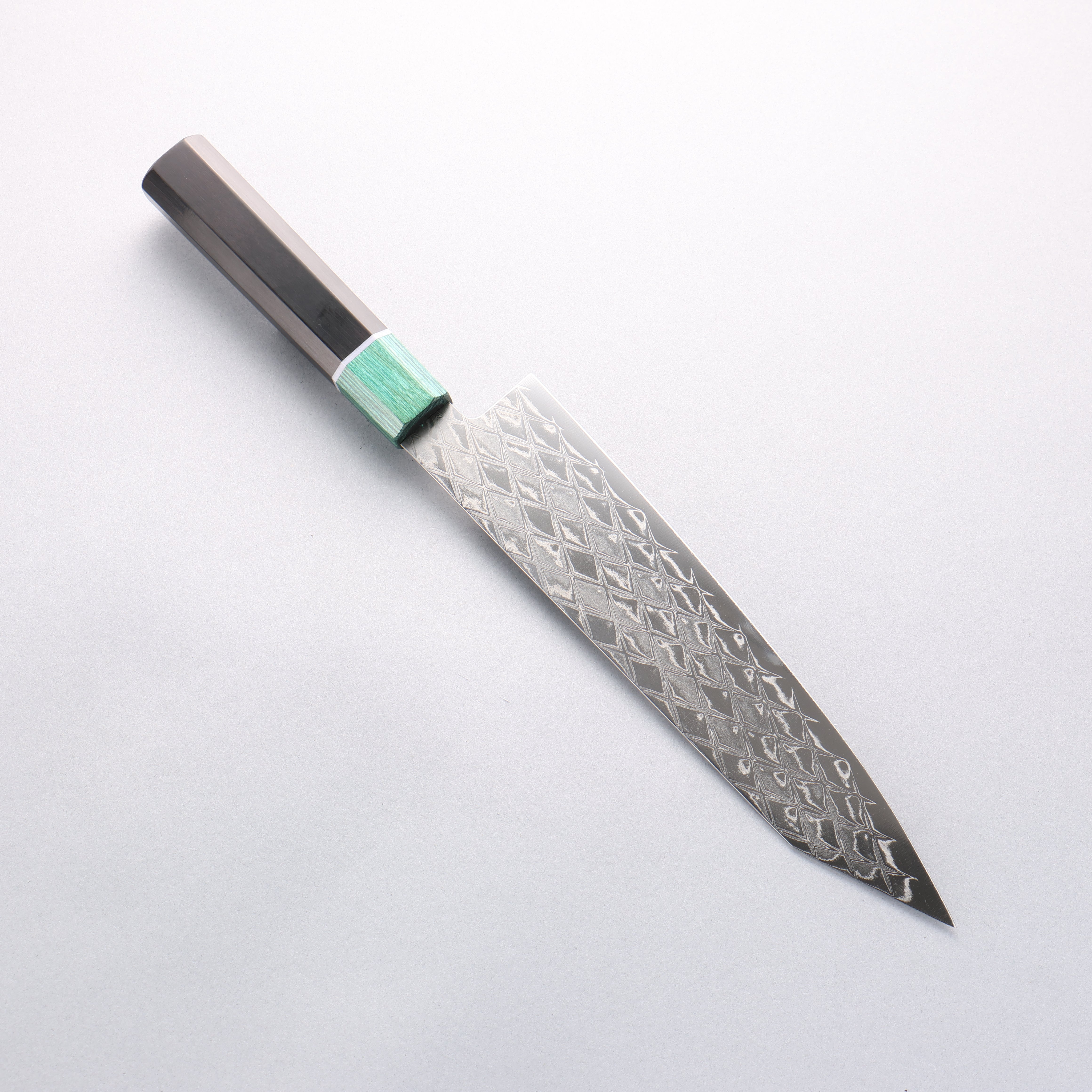 清助 AUS10 鏡面菱格紋 切付牛刀 210mm 黑合成木(口輪:綠合成木) 握把 - 清助刃物