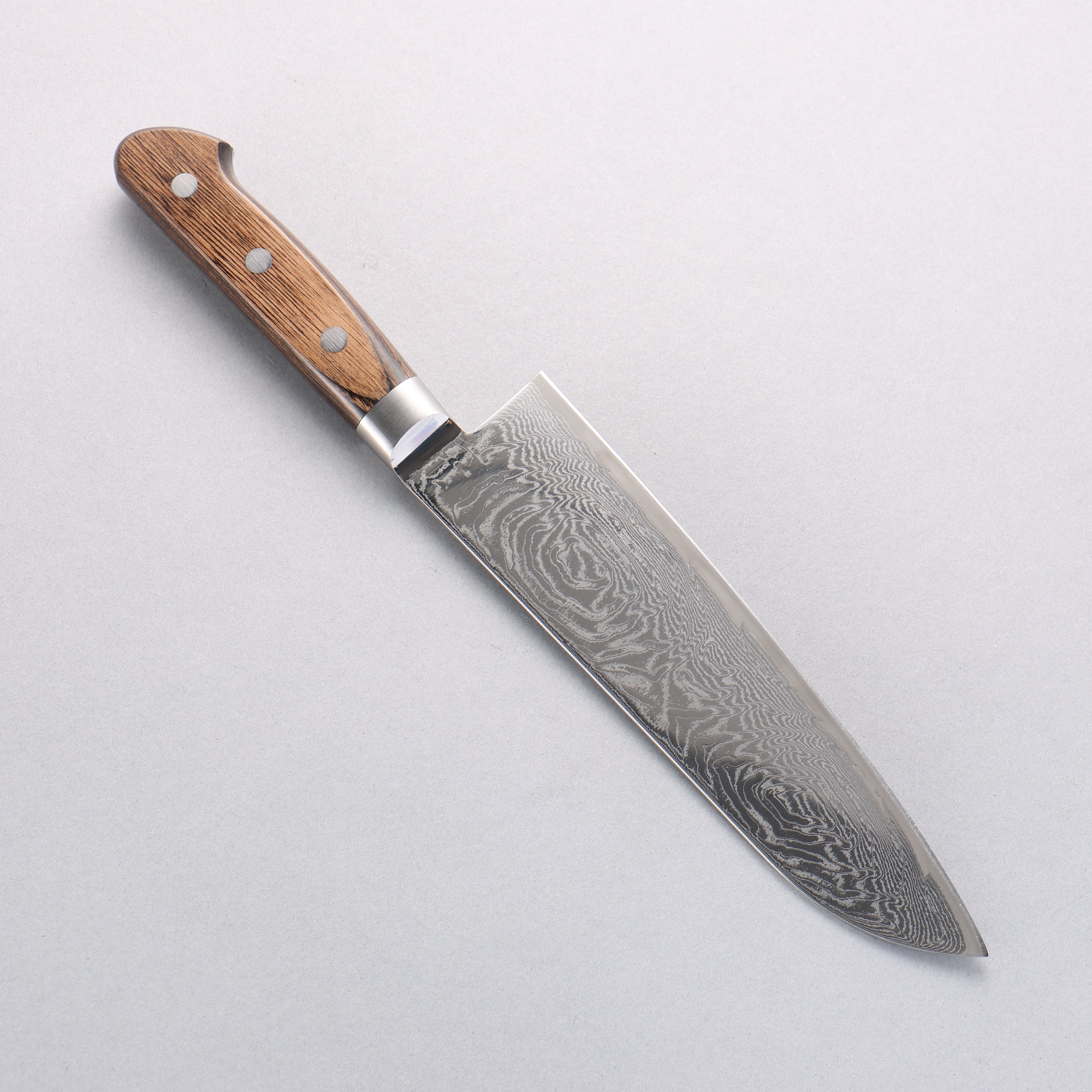 清助 海浪 AUS10 鏡面處理 大馬士革紋 三德刀 180mm 茶色合成木 握把 - 清助刃物