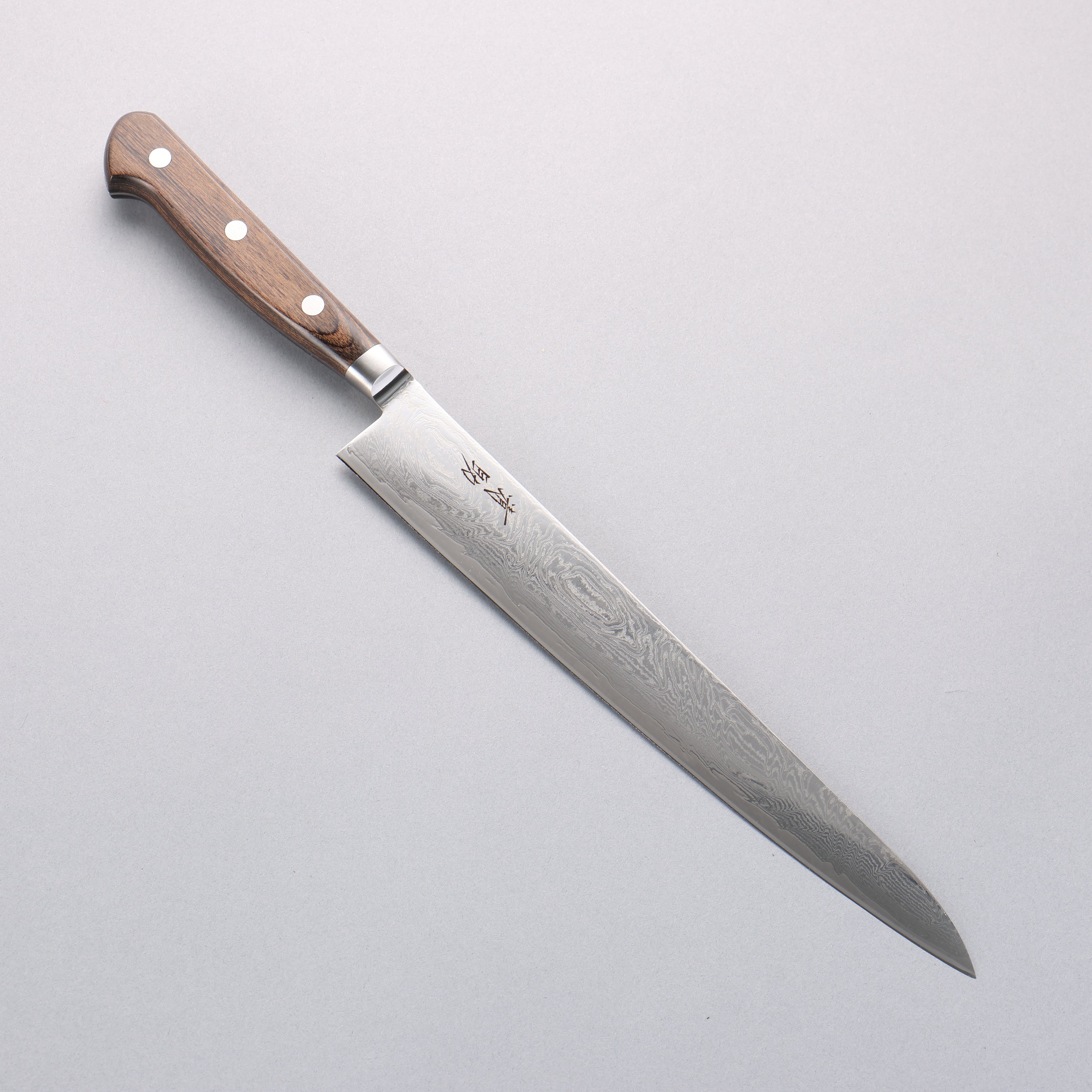 清助 海浪 AUS10 鏡面處理 大馬士革紋 筋引 240mm 茶色合成木 握把 - 清助刃物