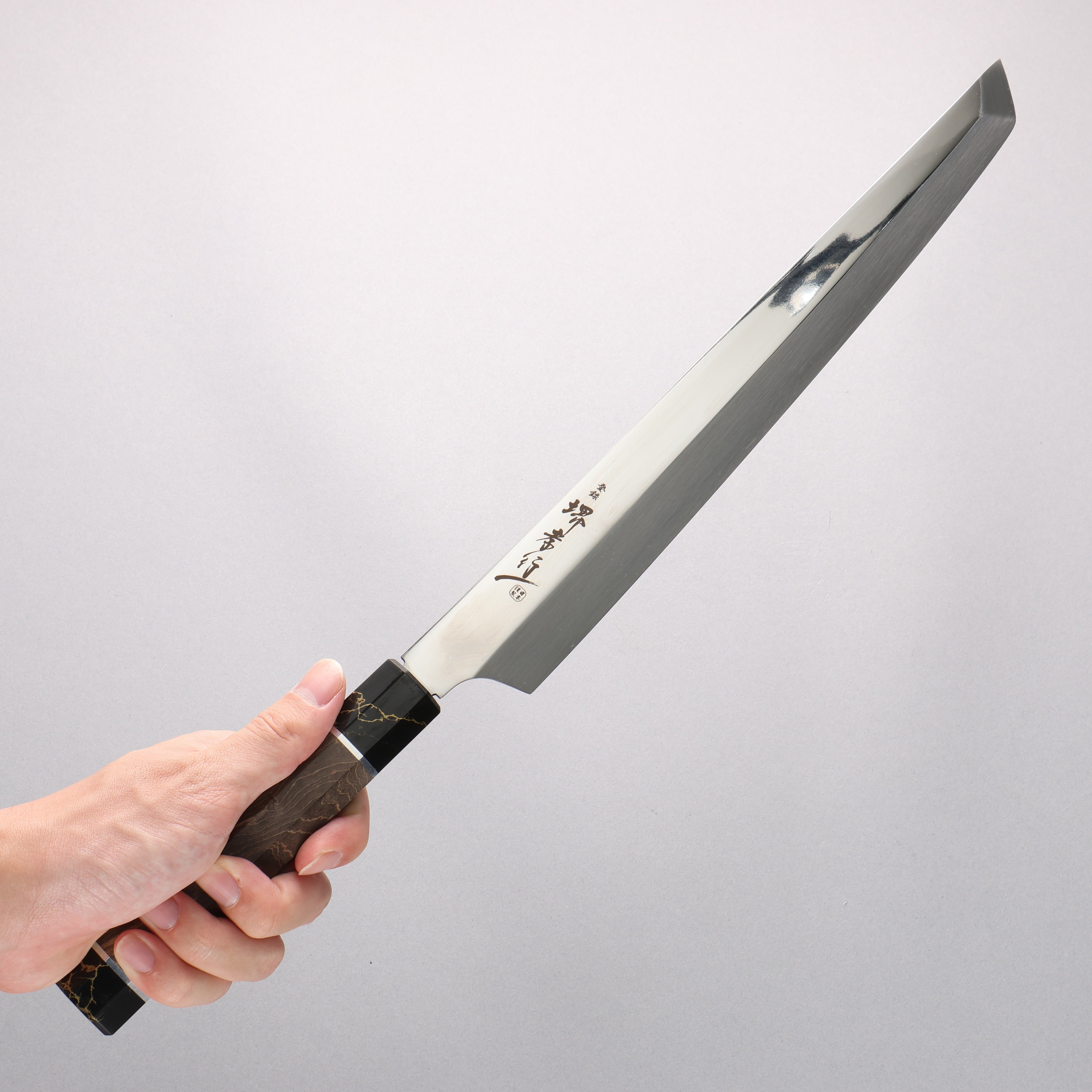 堺 孝行 銀龍 本燒 瑞典鋼 鏡面處理 先丸柳刃 300mm 穩定木 握把 附刀鞘 - 清助刃物