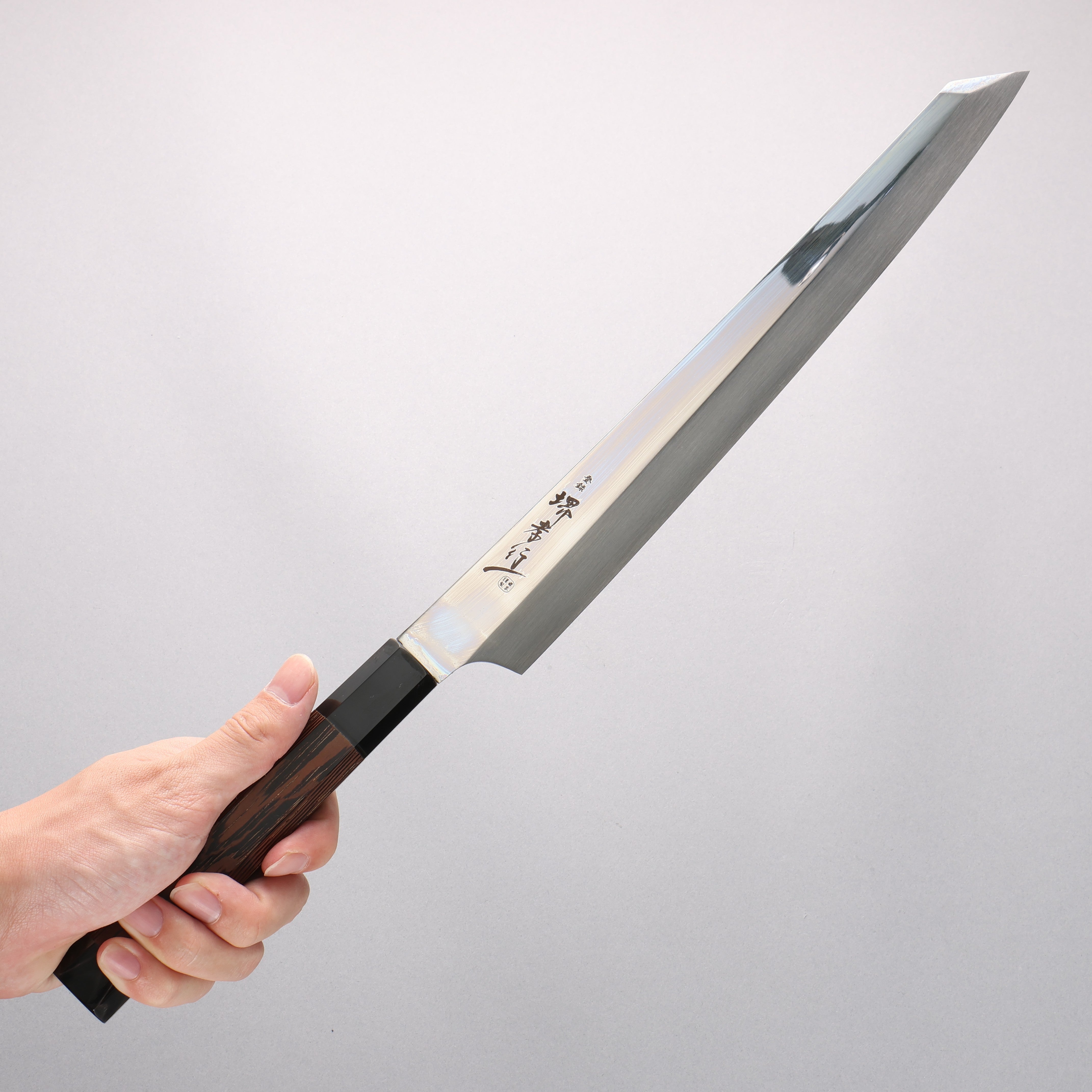 堺 孝行 銀龍 本燒 瑞典鋼 鏡面處理 劍型柳刃 300mm 雞翅木(兩側帶水牛環型設計)握把 附刀鞘 - 清助刃物