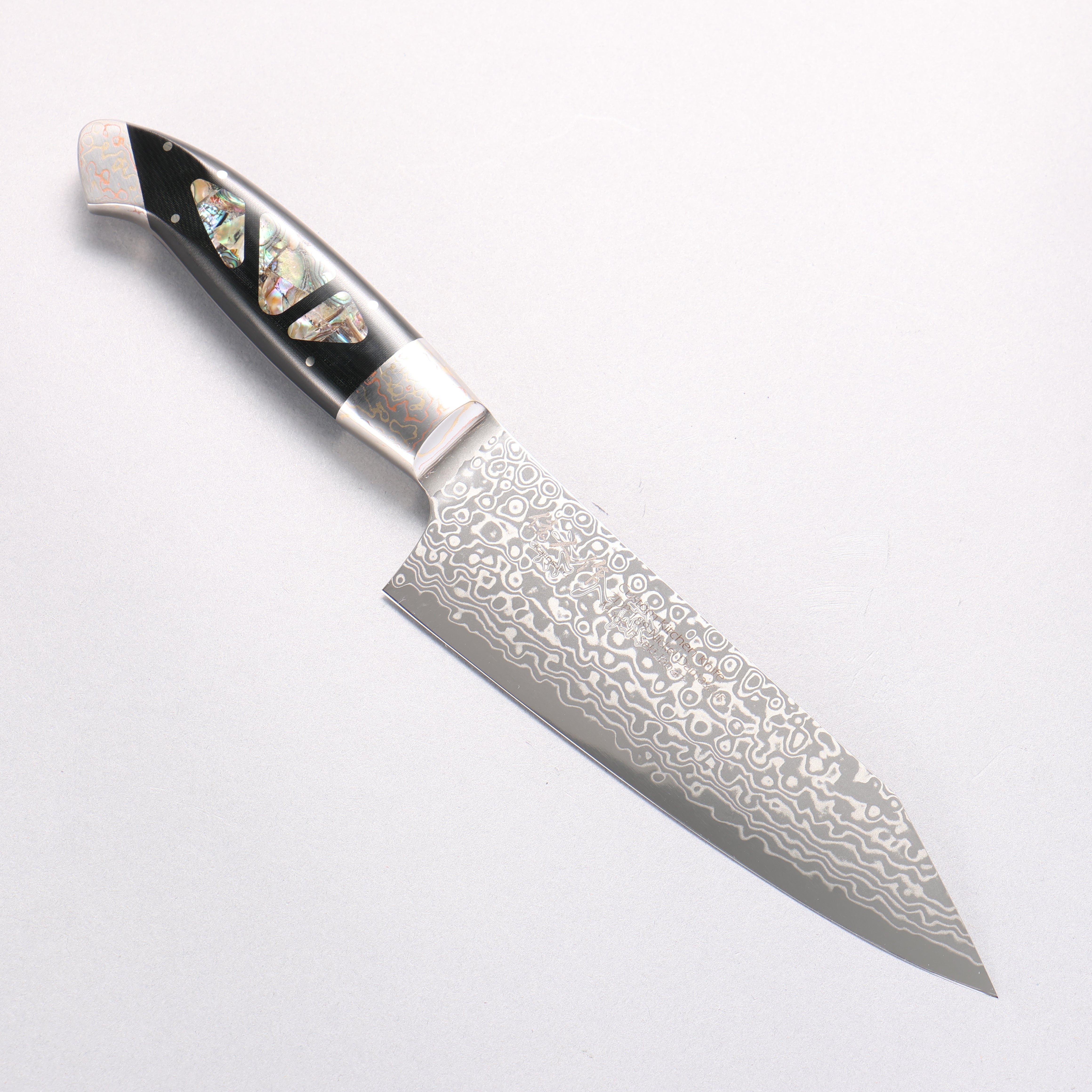 佳人 ZDP189 大馬士革紋 打磨處理 切付三德刀 165mm 鮑魚嵌細工 握把 - 清助刃物