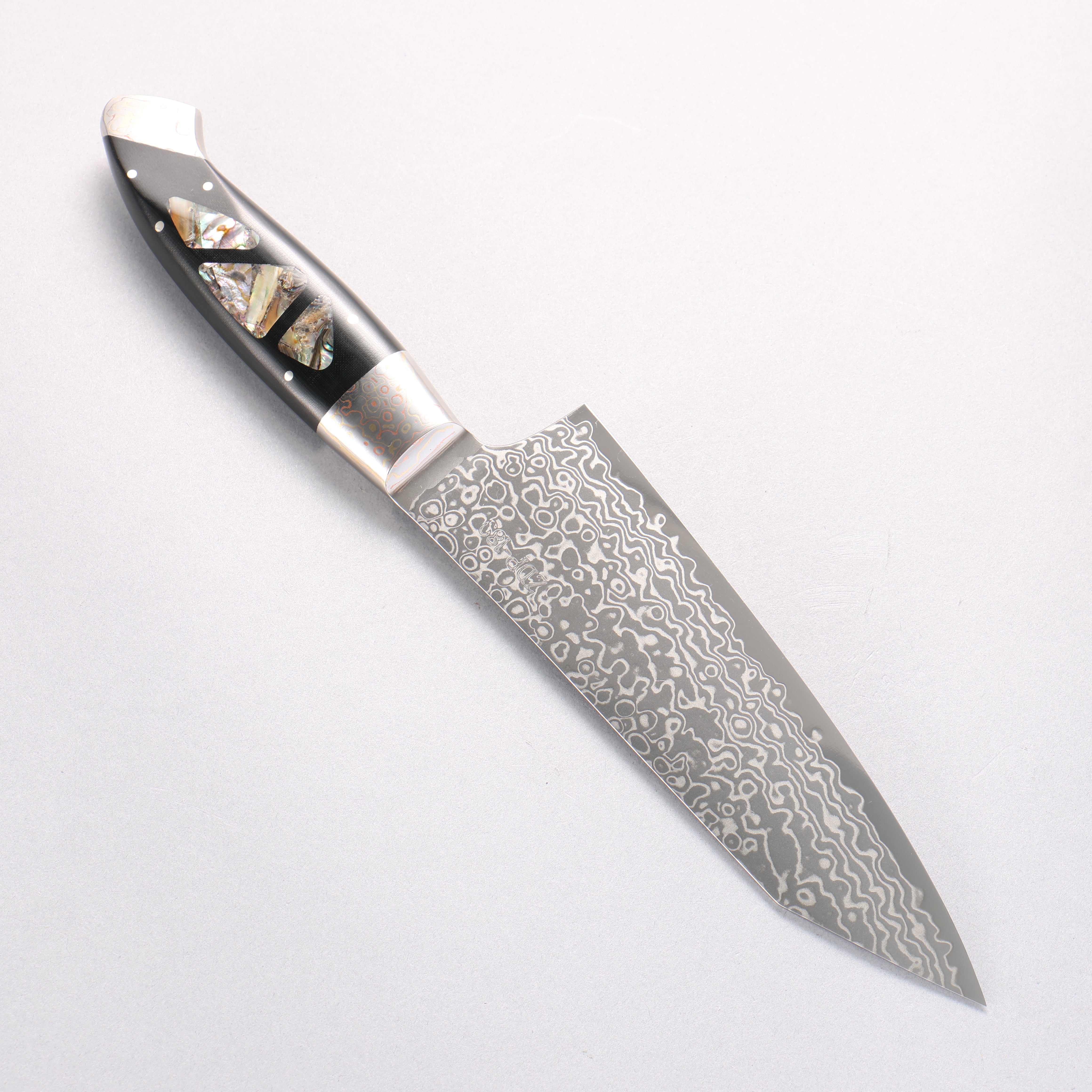佳人 ZDP189 大馬士革紋 打磨處理 切付三德刀 165mm 鮑魚嵌細工 握把 - 清助刃物