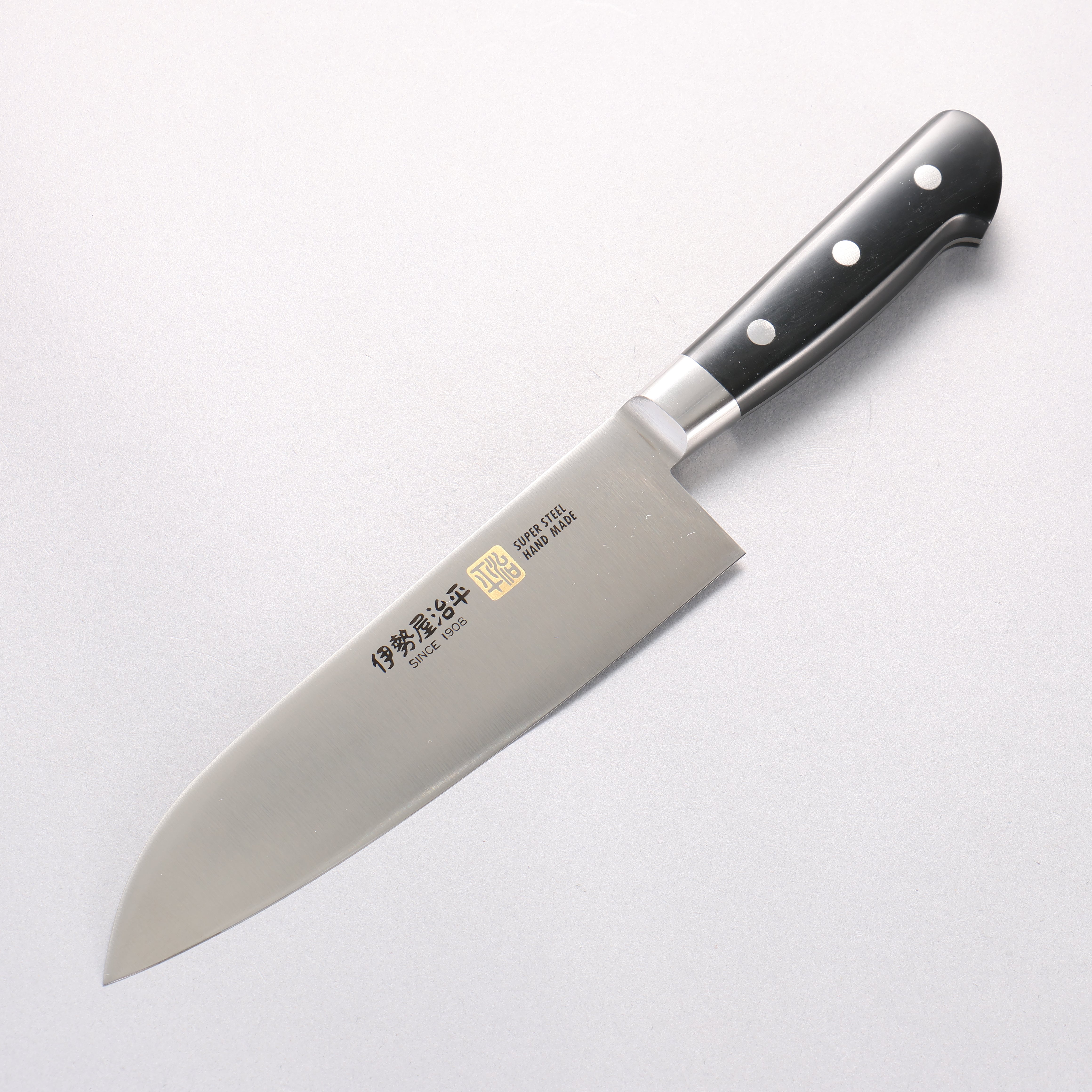 伊勢屋 鉬鋼(MOL) 三德刀 180mm 黑米卡塔(樹脂複合材料) 握把 - 清助刃物
