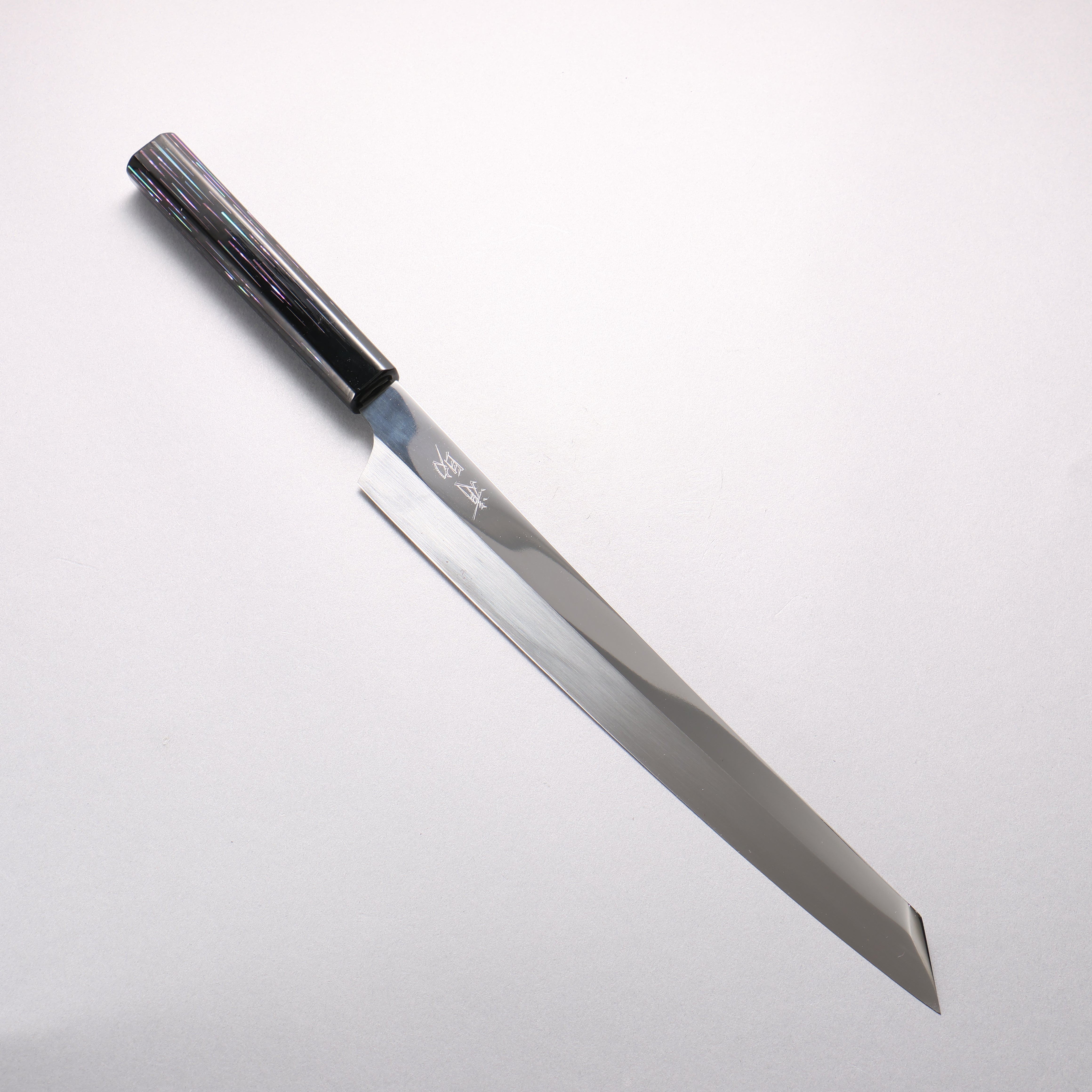 堺 孝行 本燒 飛燕 VG10 鏡面處理 劍型柳刃 300mm 黑漆塗 (珍珠母貝鑲嵌) 握把 附刀鞘 Tetris Pattern MOP inlay (テトリス調螺鈿) - 清助刃物