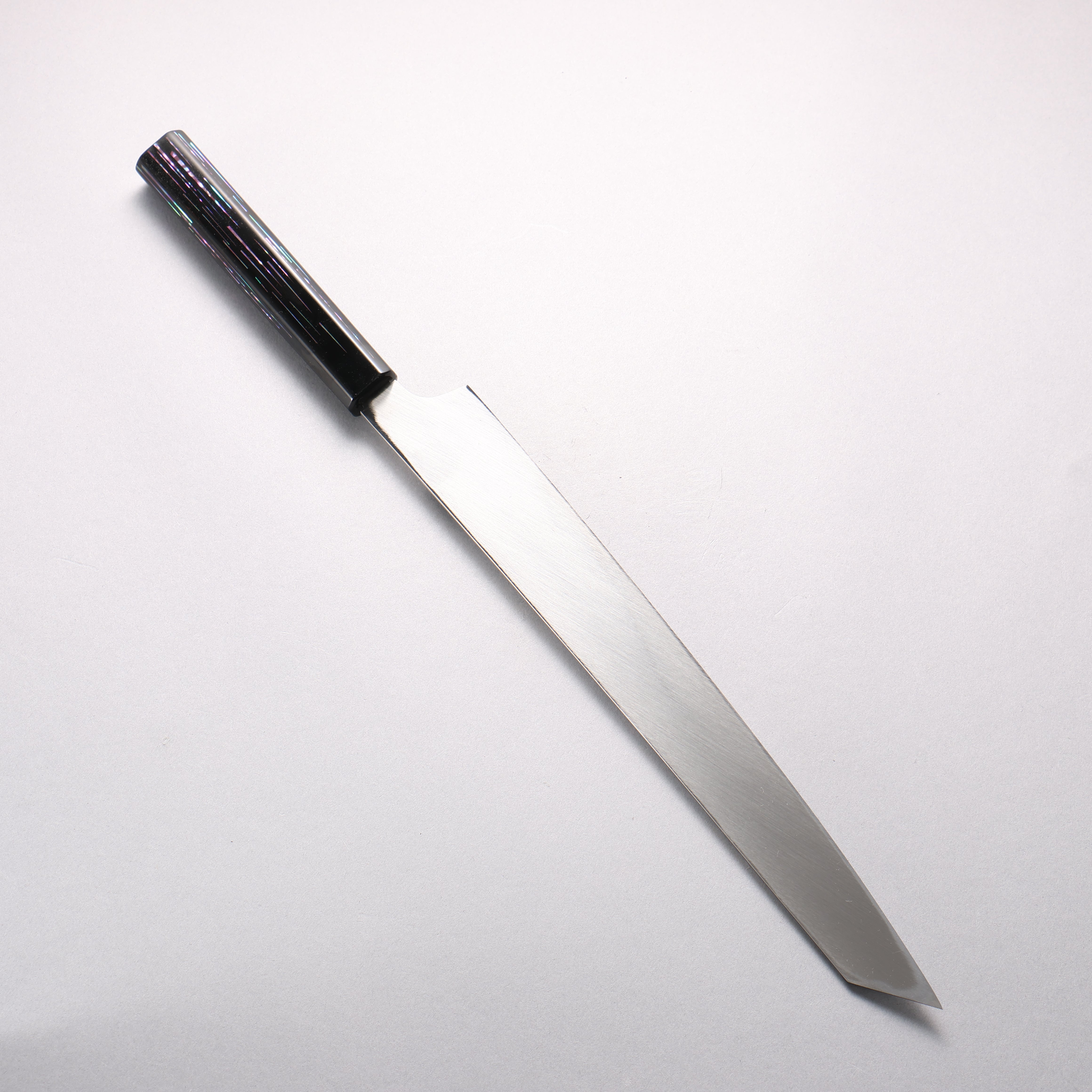 堺 孝行 本燒 飛燕 VG10 鏡面處理 劍型柳刃 300mm 黑漆塗 (珍珠母貝鑲嵌) 握把 附刀鞘 Tetris Pattern MOP inlay (テトリス調螺鈿) - 清助刃物