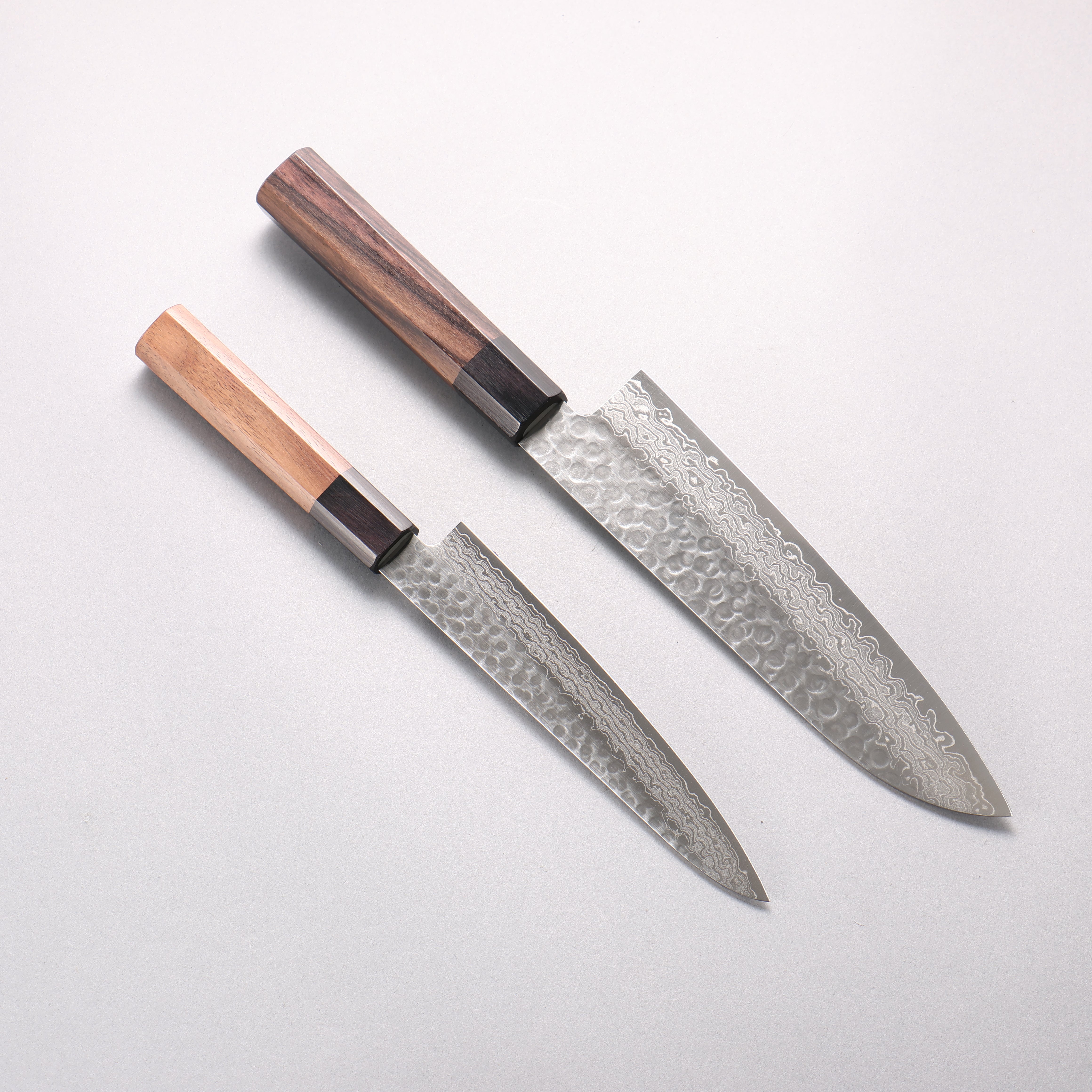 清助 AUS10 鎚目 大馬士革紋 三德刀&多用途小刀組合 紫檀木(口輪:黑合成木) 握把 180mm & 150mm - 清助刃物