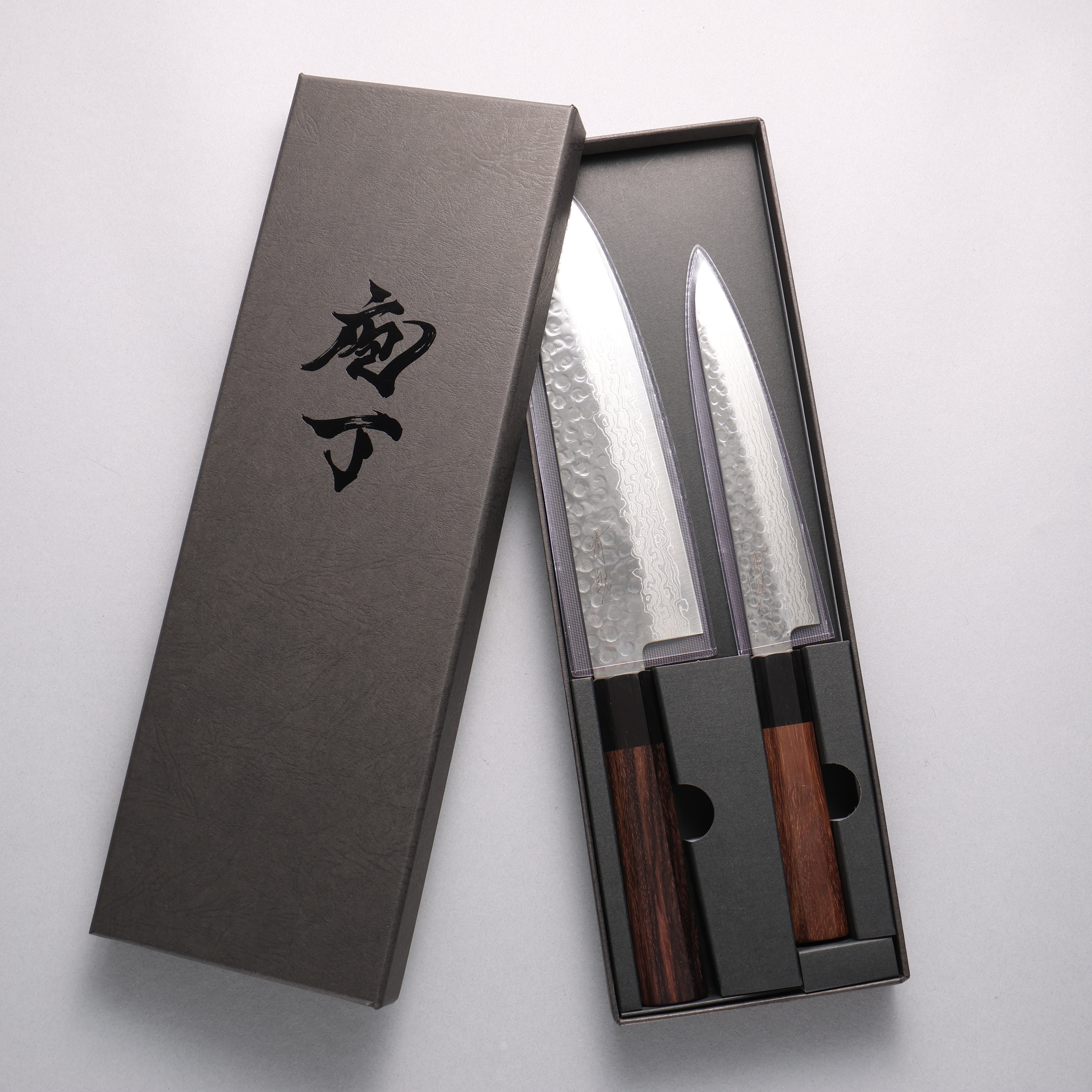 清助 AUS10 鎚目 大馬士革紋 三德刀&多用途小刀組合 紫檀木(口輪:黑合成木) 握把 180mm & 150mm - 清助刃物