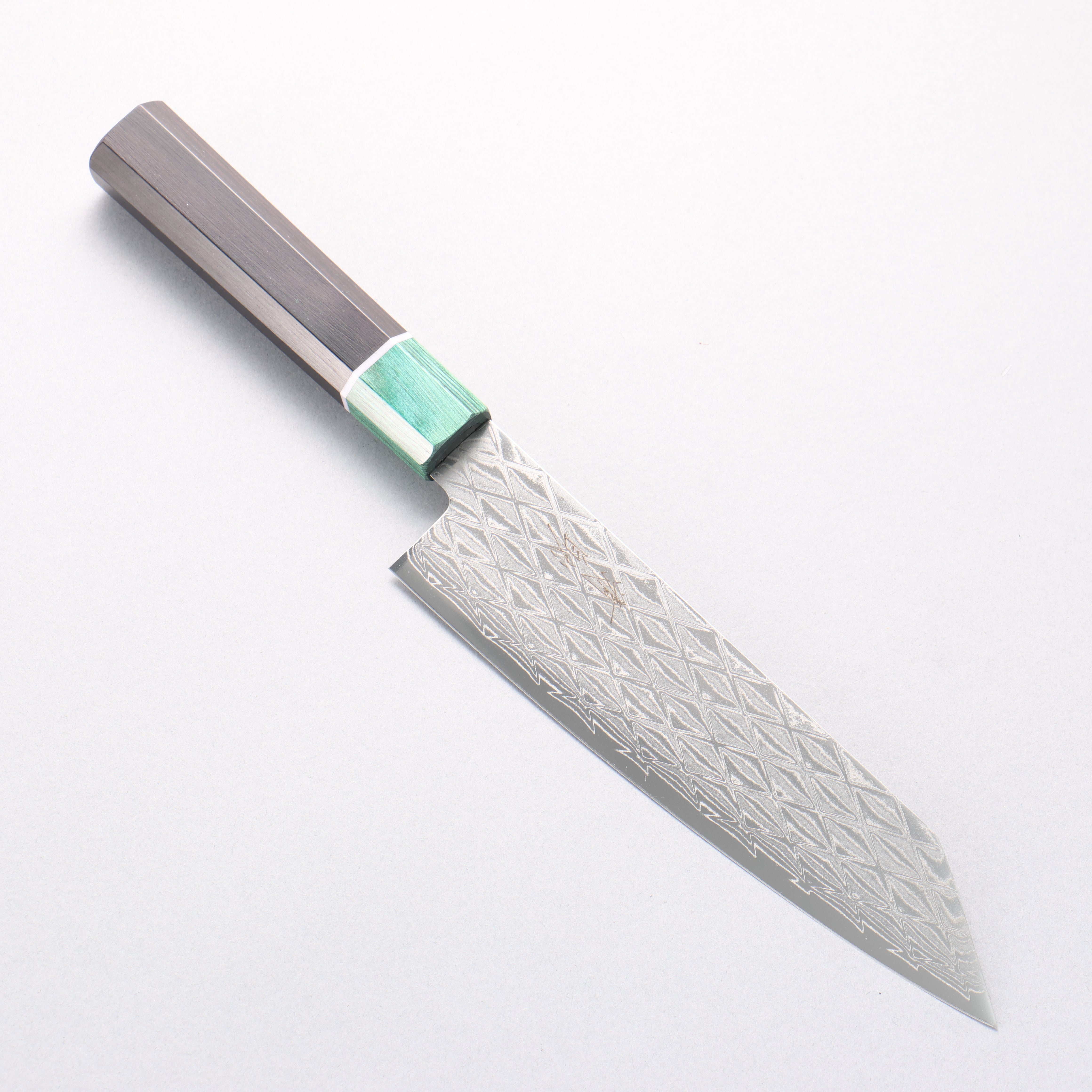 清助 AUS10 鏡面菱格紋 切付三德刀 180mm 黑合成木(口輪:綠合成木) 握把 - 清助刃物
