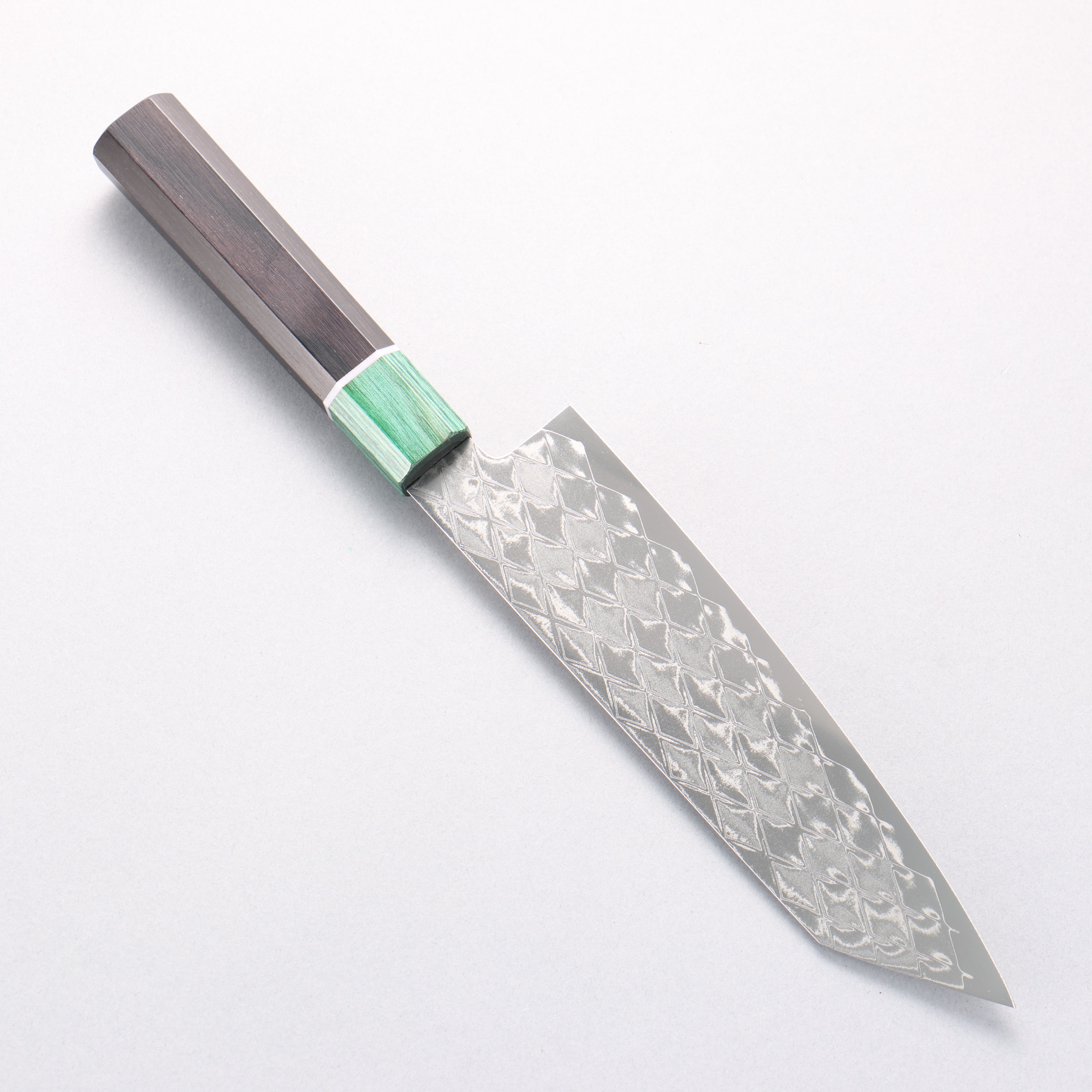 清助 AUS10 鏡面菱格紋 切付三德刀 180mm 黑合成木(口輪:綠合成木) 握把 - 清助刃物