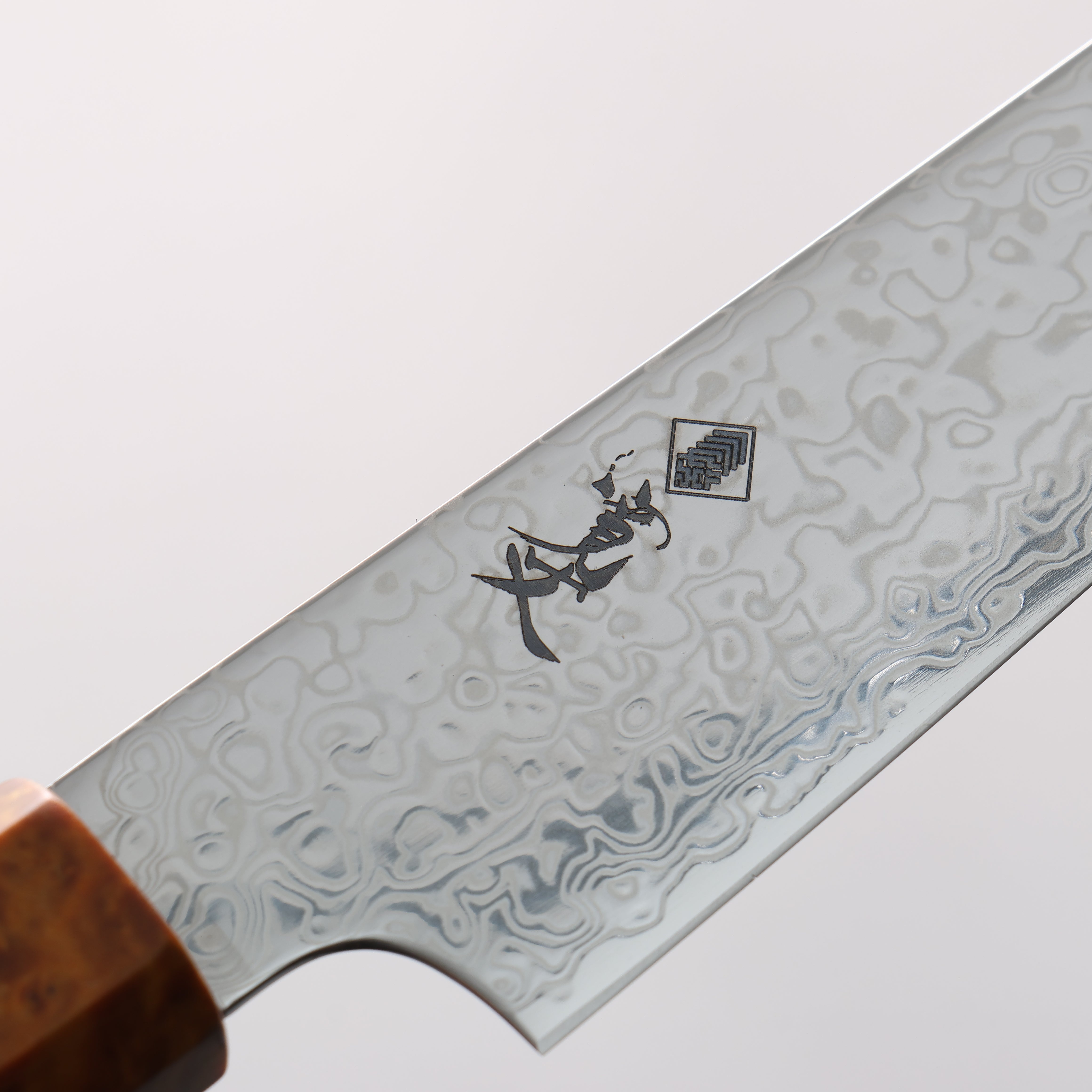 寬丈 SG2 大馬士革紋 打磨處理 切付多用途小刀 150mm 棕色穩定木 (銀環) 握把 - 清助刃物