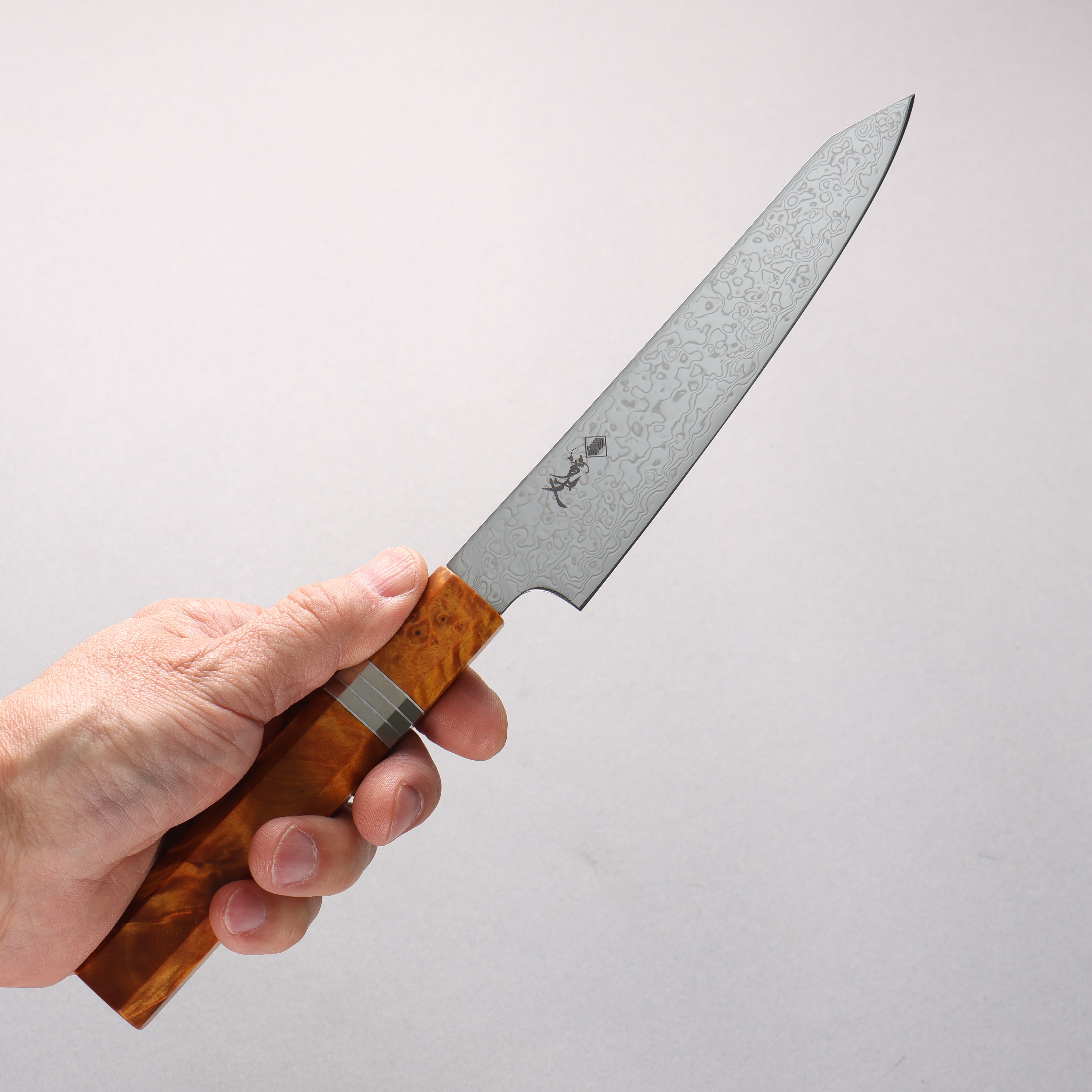 寬丈 SG2 大馬士革紋 打磨處理 切付多用途小刀 150mm 棕色穩定木 (銀環) 握把 - 清助刃物