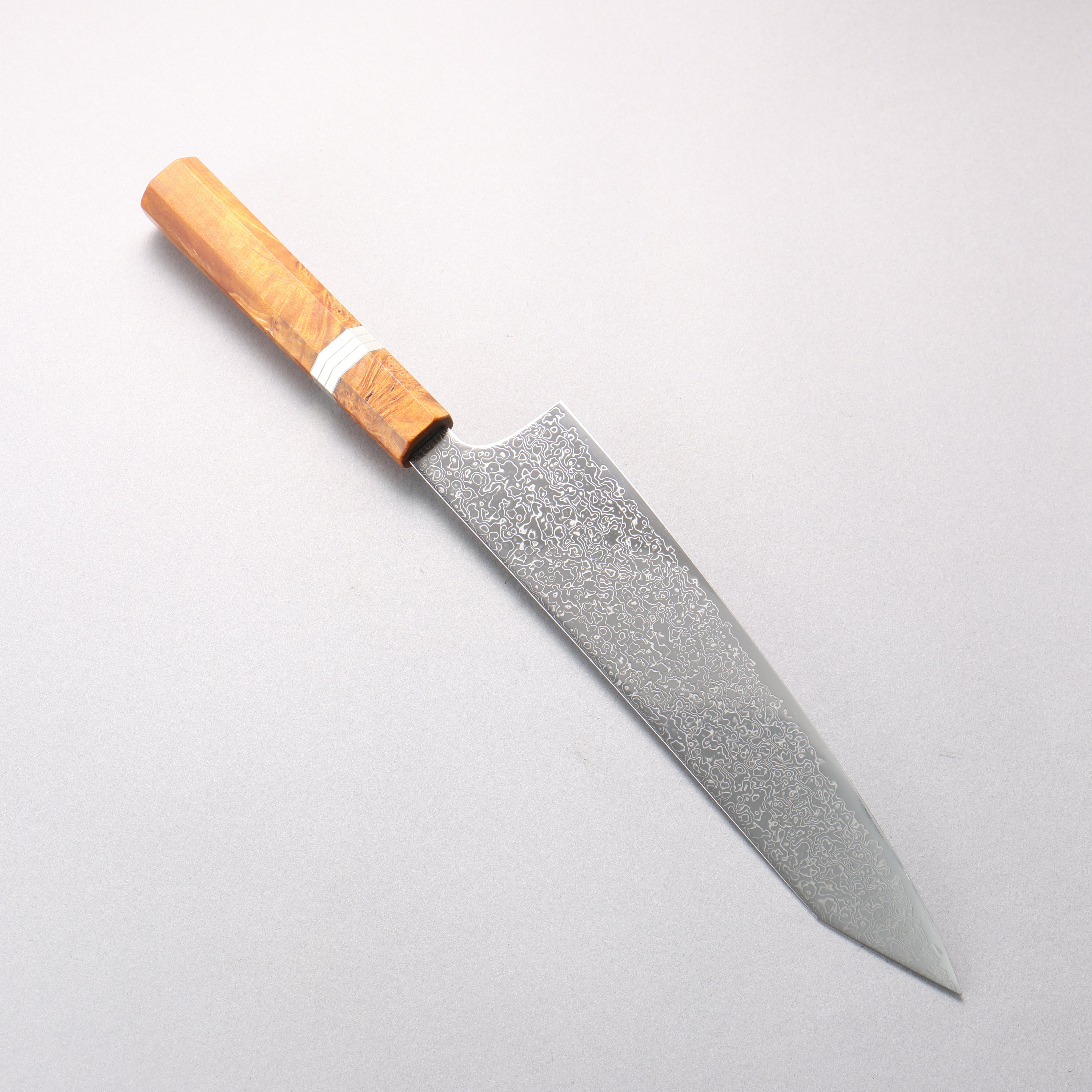 寬丈 SG2 大馬士革紋 打磨處理 切付牛刀 240mm 棕色穩定木 (銀環) 握把 - 清助刃物