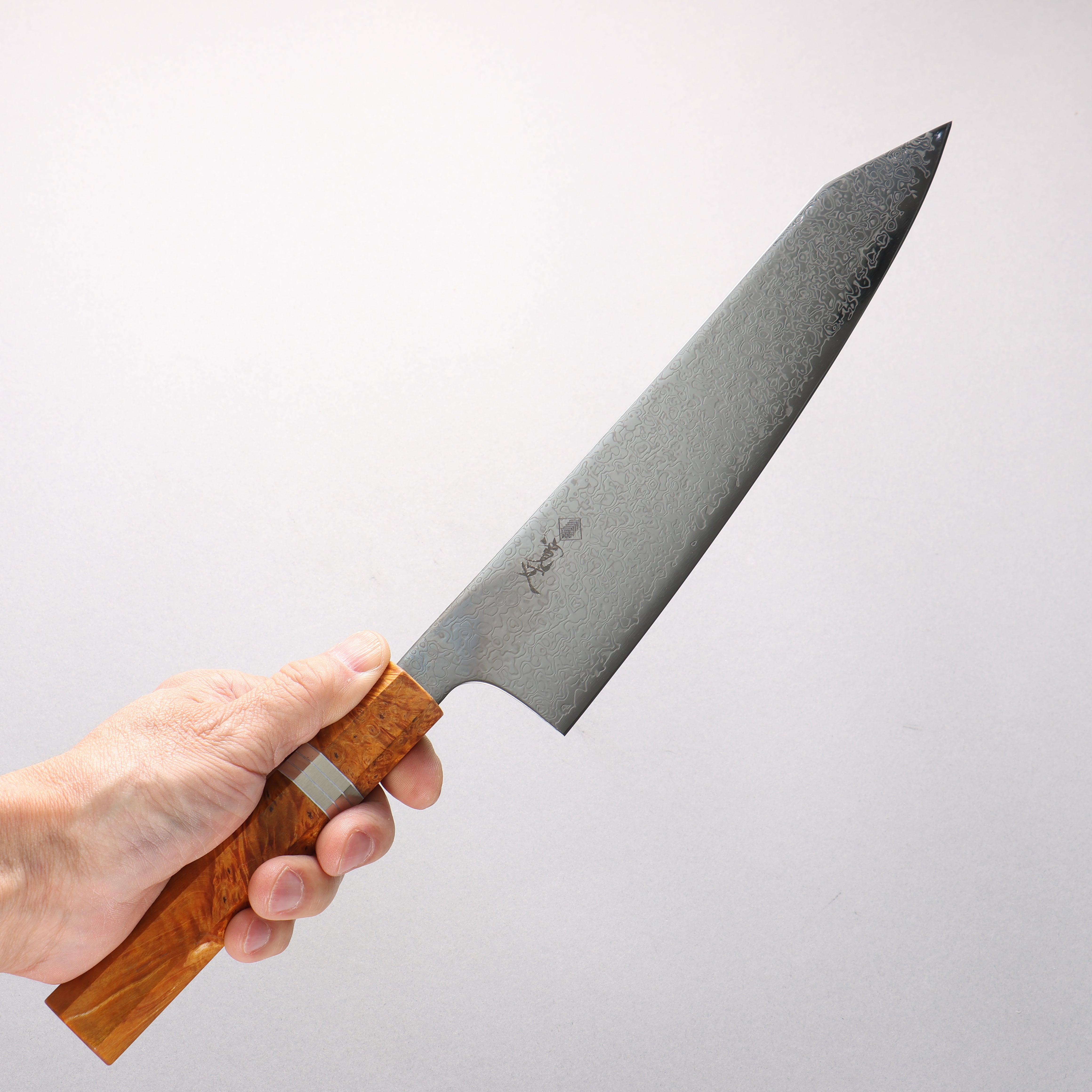 寬丈 SG2 大馬士革紋 打磨處理 切付牛刀 240mm 棕色穩定木 (銀環) 握把 - 清助刃物