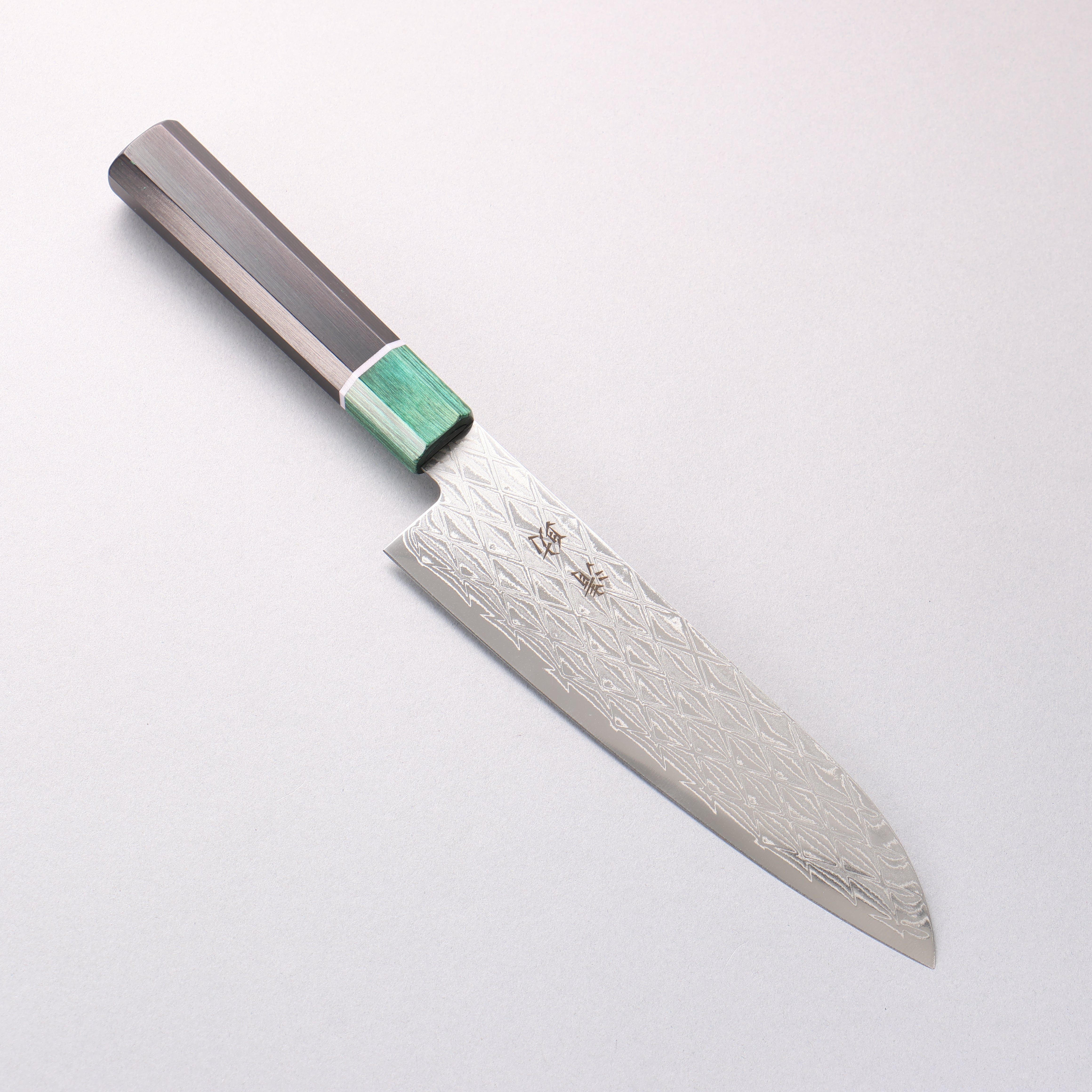 清助 AUS10 鏡面菱格紋 三德刀 180mm 黑合成木(口輪:綠合成木) 握把 - 清助刃物