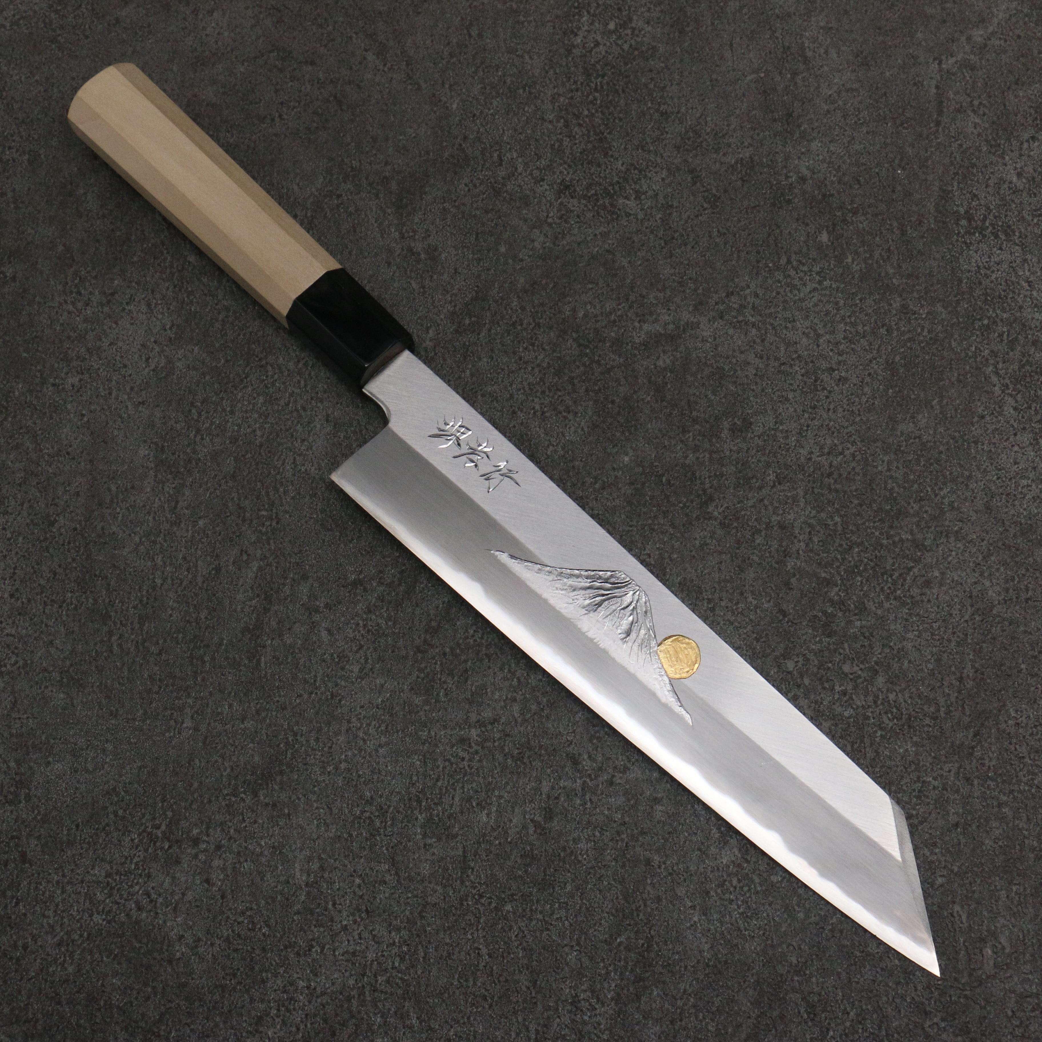 堺 孝行 窪田金雕刻 富士山和日落 青鋼二號 切付牛刀 240mm 木蘭(口輪:水牛角) 握把 - 清助刃物