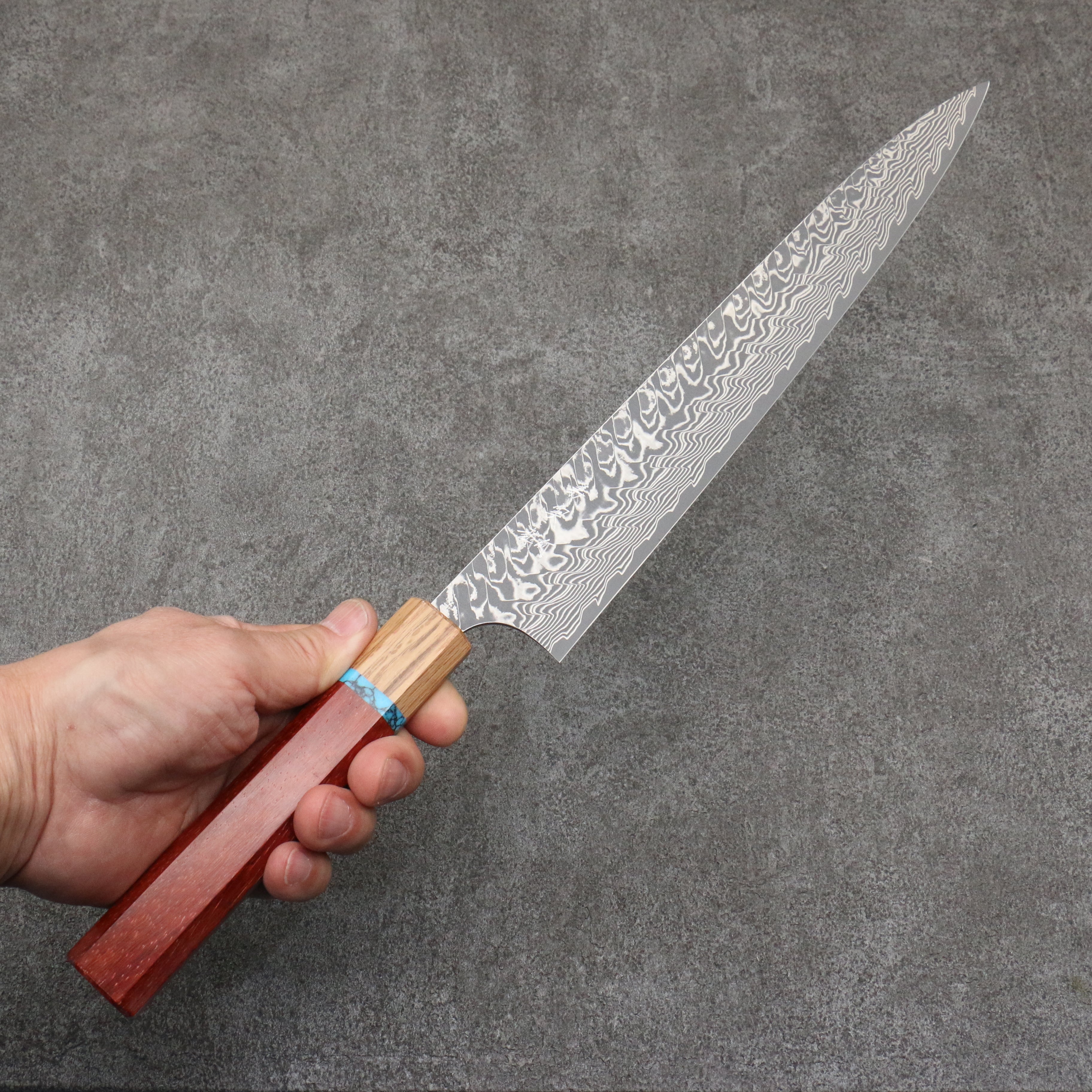 加藤 義實 SG2 黑色大馬士革紋 筋引 270mm 紅花梨木帶土耳其石環型設計) 握把 - 清助刃物