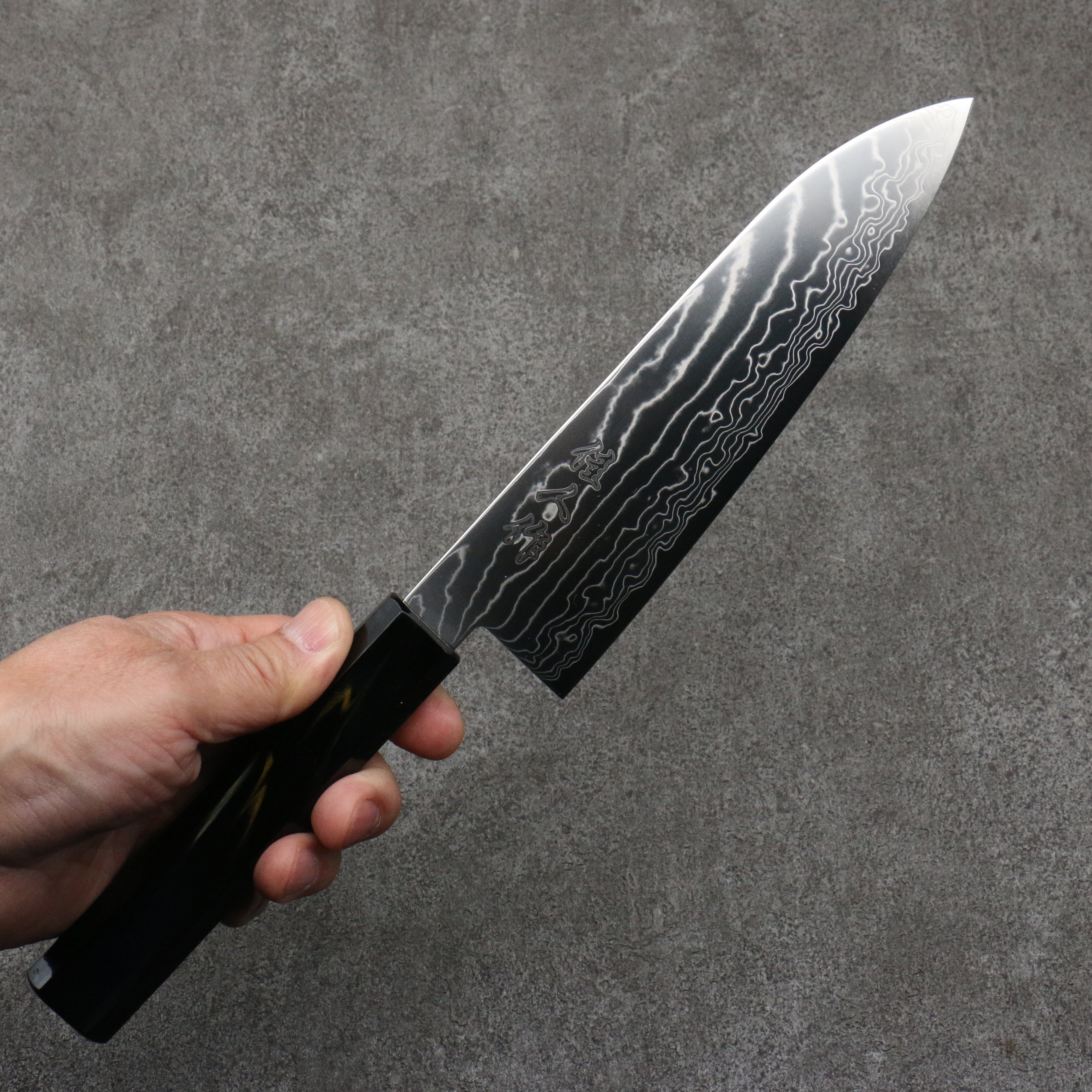 佳人 特殊鈷合金 大馬士革紋 三德刀 180mm 深藍金漆塗 握把 - 清助刃物