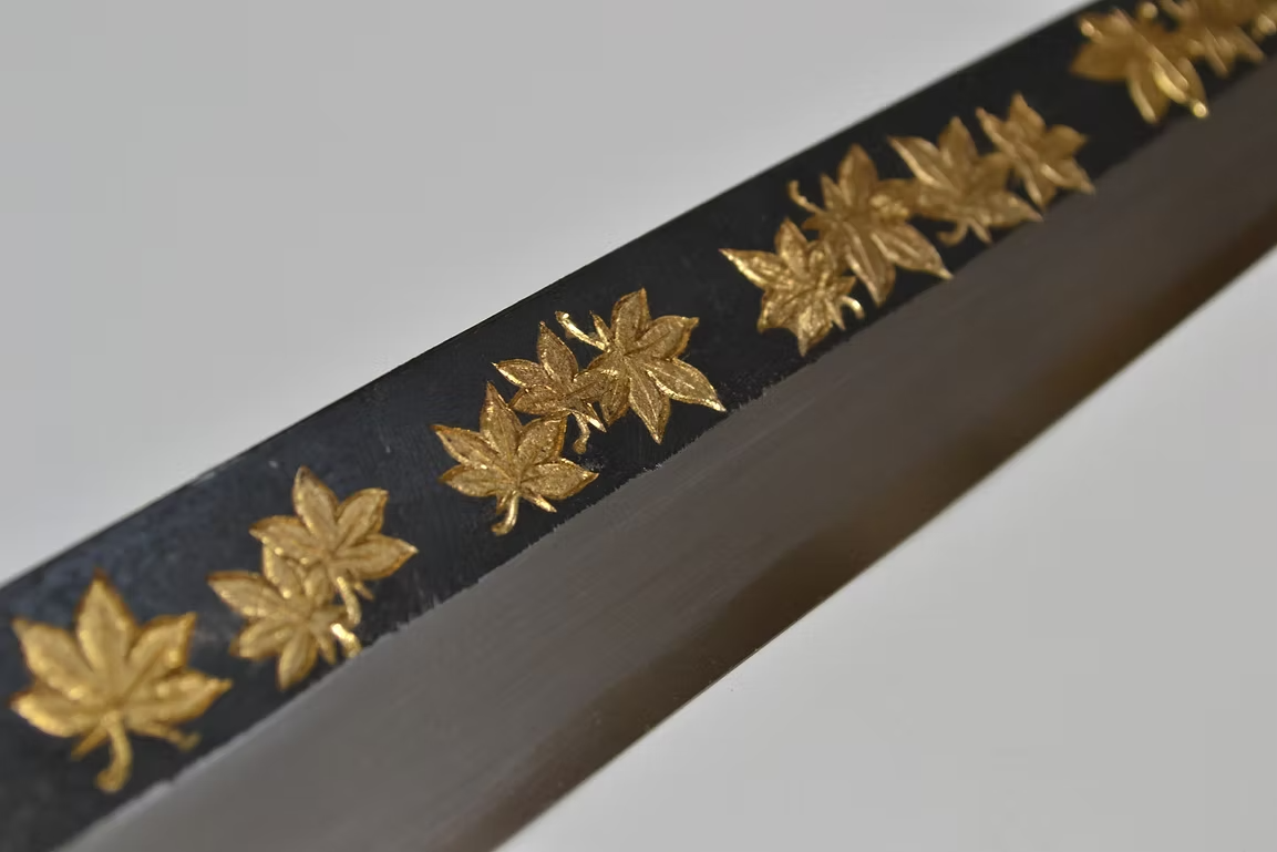 堺 孝行 窪田金雕刻 楓葉 白鋼二號 黑打 柳刃 270mm 黑檀(口輪:黑水牛銀輪) 握把