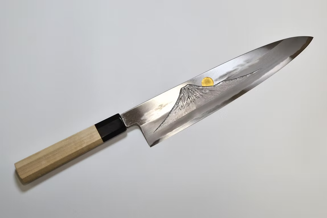 堺 孝行 窪田金雕刻 富士與夕照 青鋼二號 牛刀 240mm 木蘭(口輪:水牛角) 握把
