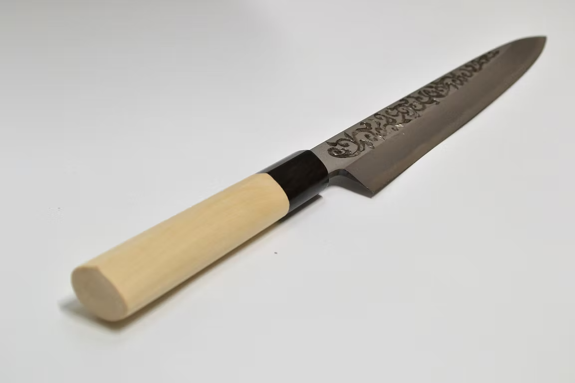 堺 孝行 窪田金屬飾雕刻 唐草 白鋼 霞研 柳刃 270mm 木蘭(口輪:水牛角) 握把