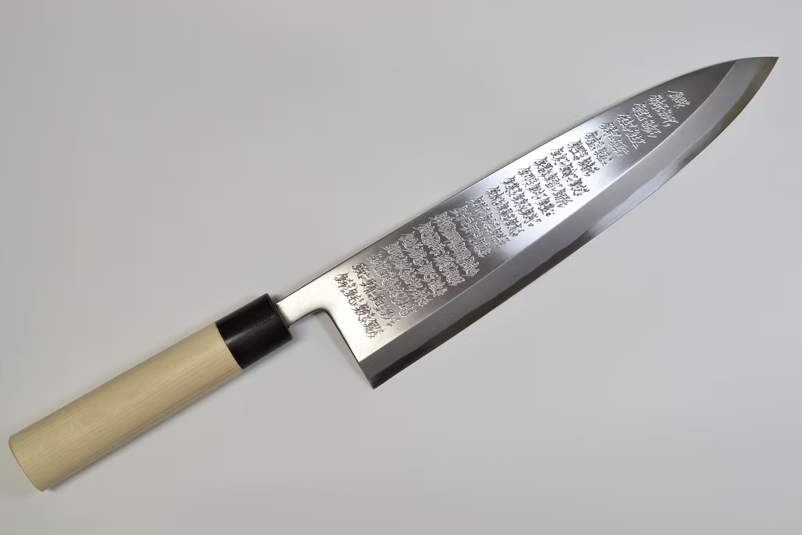 堺 孝行 窪田雕刻 終始一貫 白鋼 霞研 出刃 300mm 木蘭(口輪:水牛角) 握把