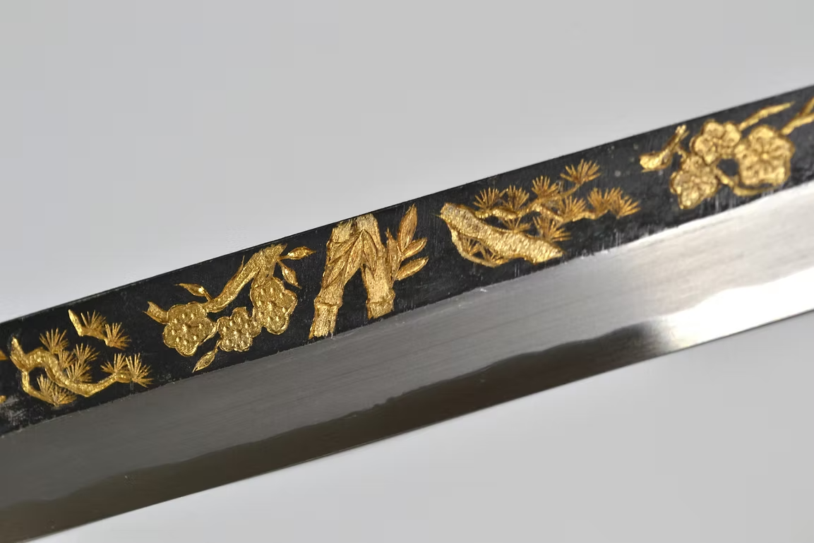 堺 孝行 窪田金雕刻 松竹梅 白鋼二號 黑打 柳刃 270mm 黑檀(口輪:黑水牛銀輪) 握把