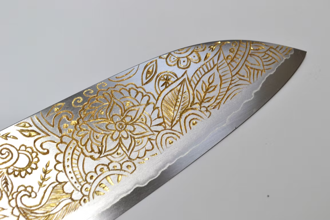 堺 孝行 窪田金雕刻 曼荼羅 銀三鋼 三德刀 180mm 黑檀(口輪:黑水牛銀輪) 握把