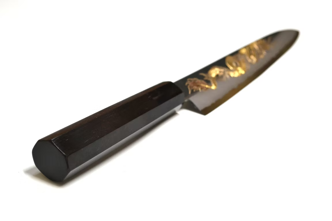 堺 孝行 窪田金屬飾雕刻 天龍 白鋼二號 黑打 筋引 240mm 黑檀(口輪:黑水牛銀輪) 握把