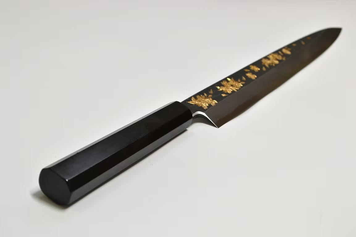 堺 孝行 窪田金雕刻 夜櫻 白鋼二號 黑打 柳刃 270mm 黑檀(口輪:黑水牛銀輪) 握把