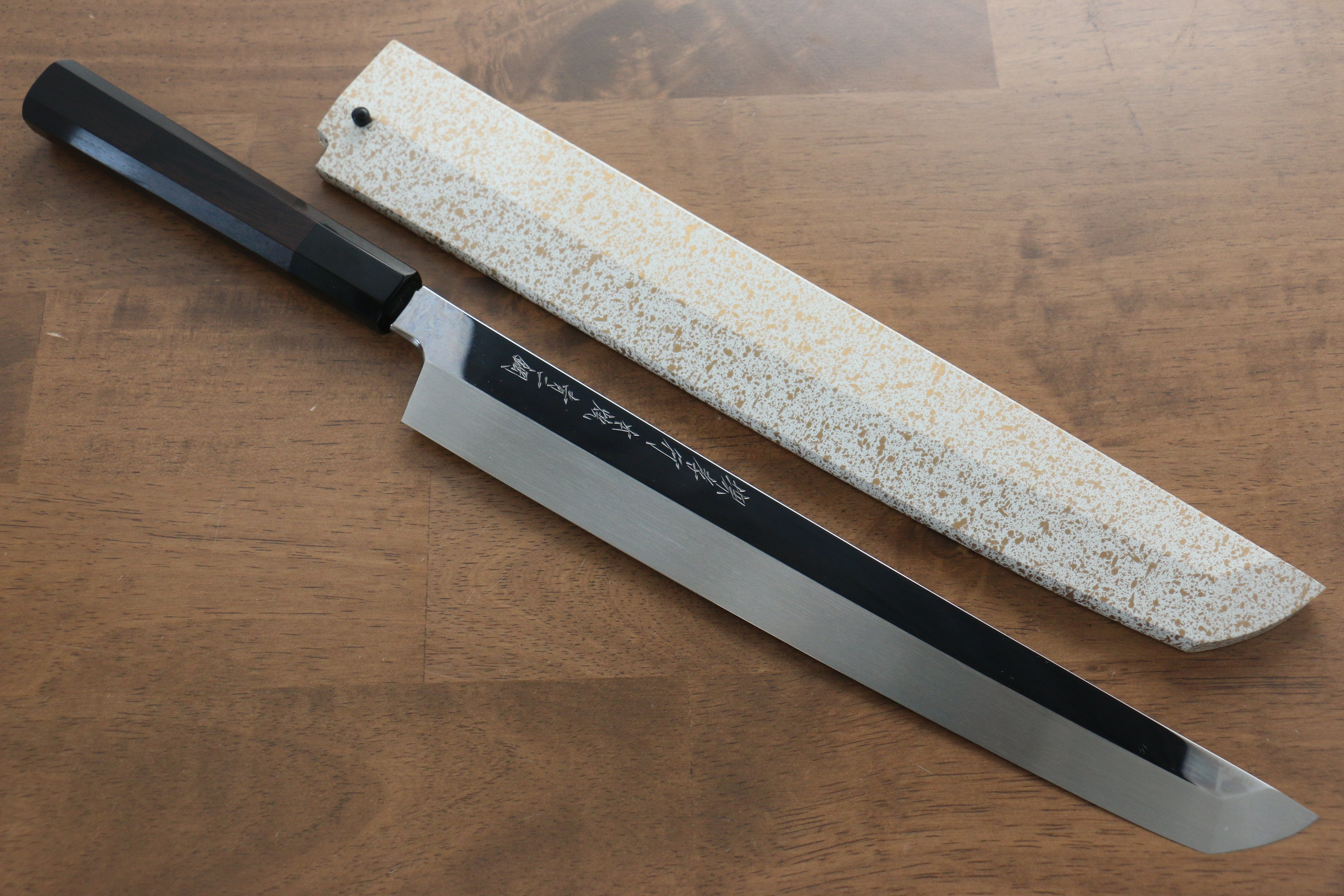 堺 孝行 玄武 青鋼二號 本燒 鏡面處理 先丸柳刃 300mm 黑檀握把 附刀鞘 - 清助刃物
