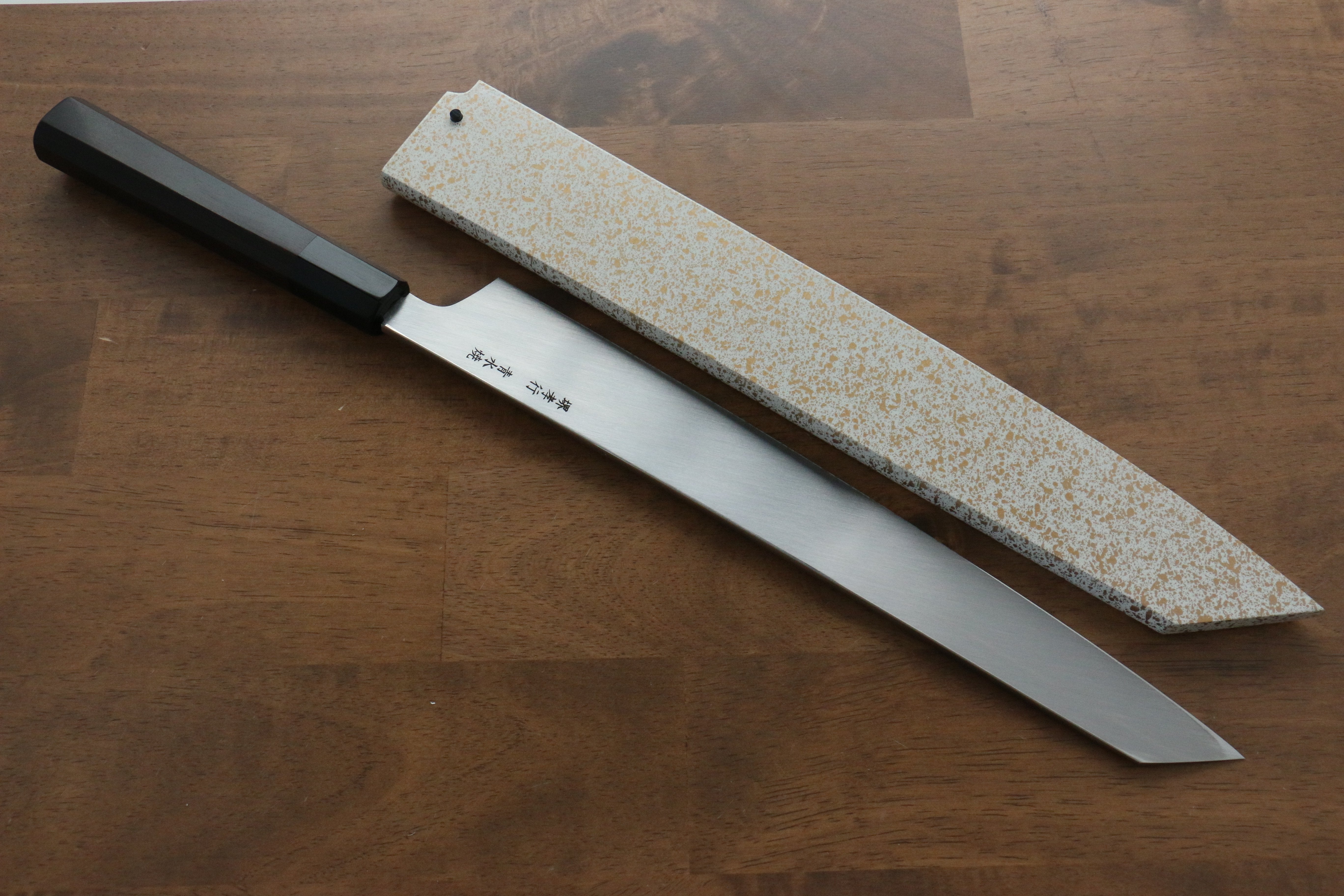 堺 孝行 飛燕 青鋼二號 本燒 鏡面處理 切付柳刃 300mm 黑檀握把 附刀鞘 - 清助刃物