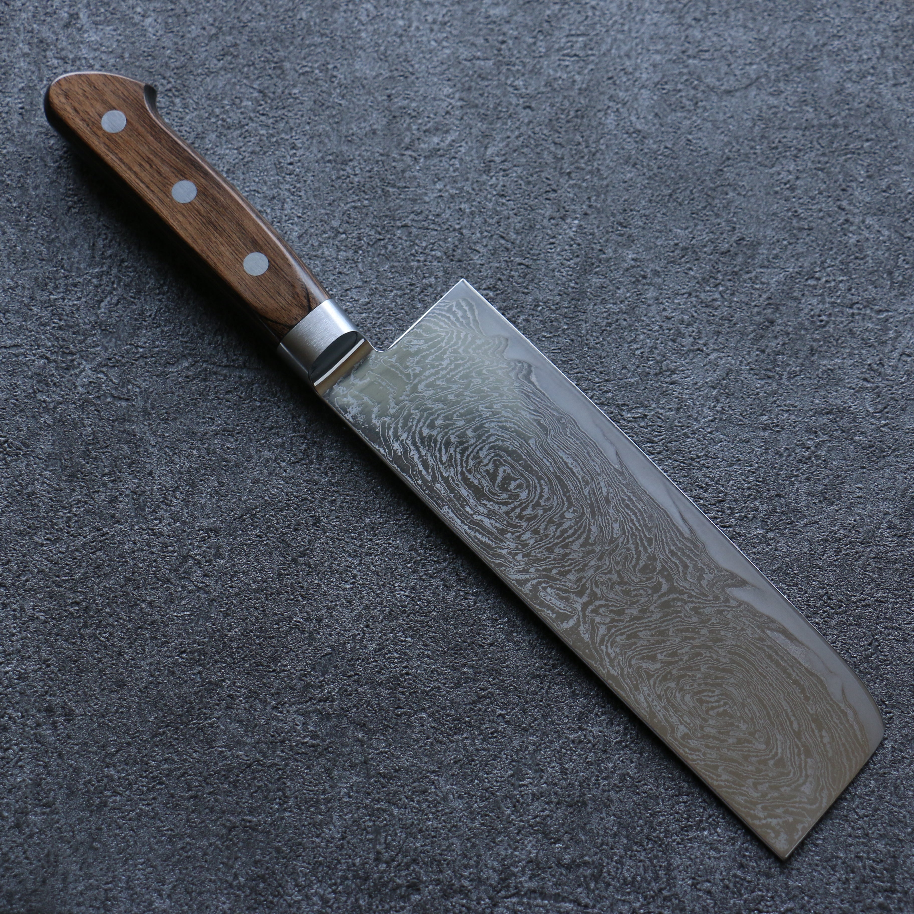 清助 海浪 AUS10 鏡面處理 大馬士革紋 菜切 165mm 茶色合成木 握把 - 清助刃物