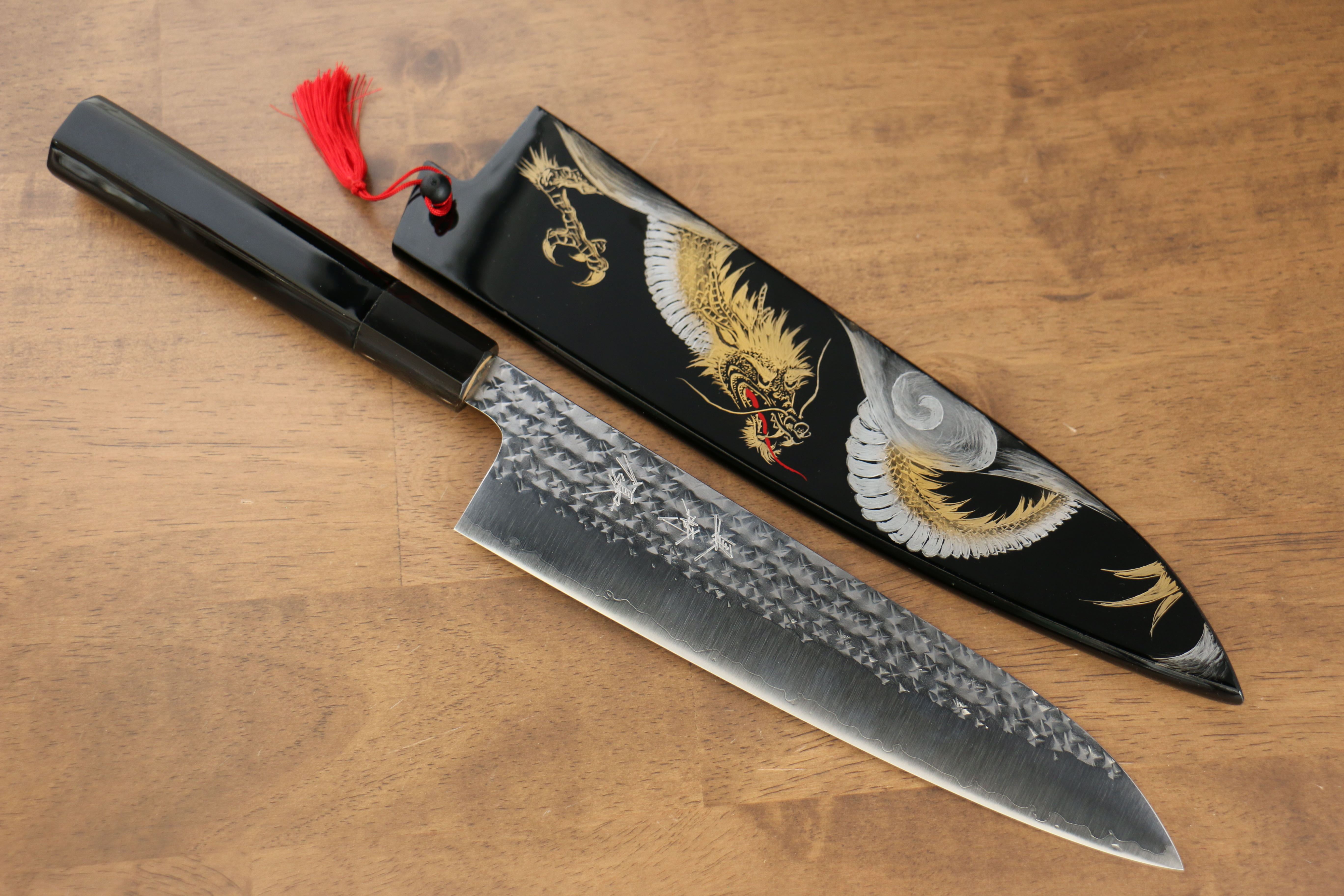 黑崎 優 閃光 SG2 鎚目 龍 沈金 牛刀 210mm 漆塗 握把 附刀鞘 - 清助刃物