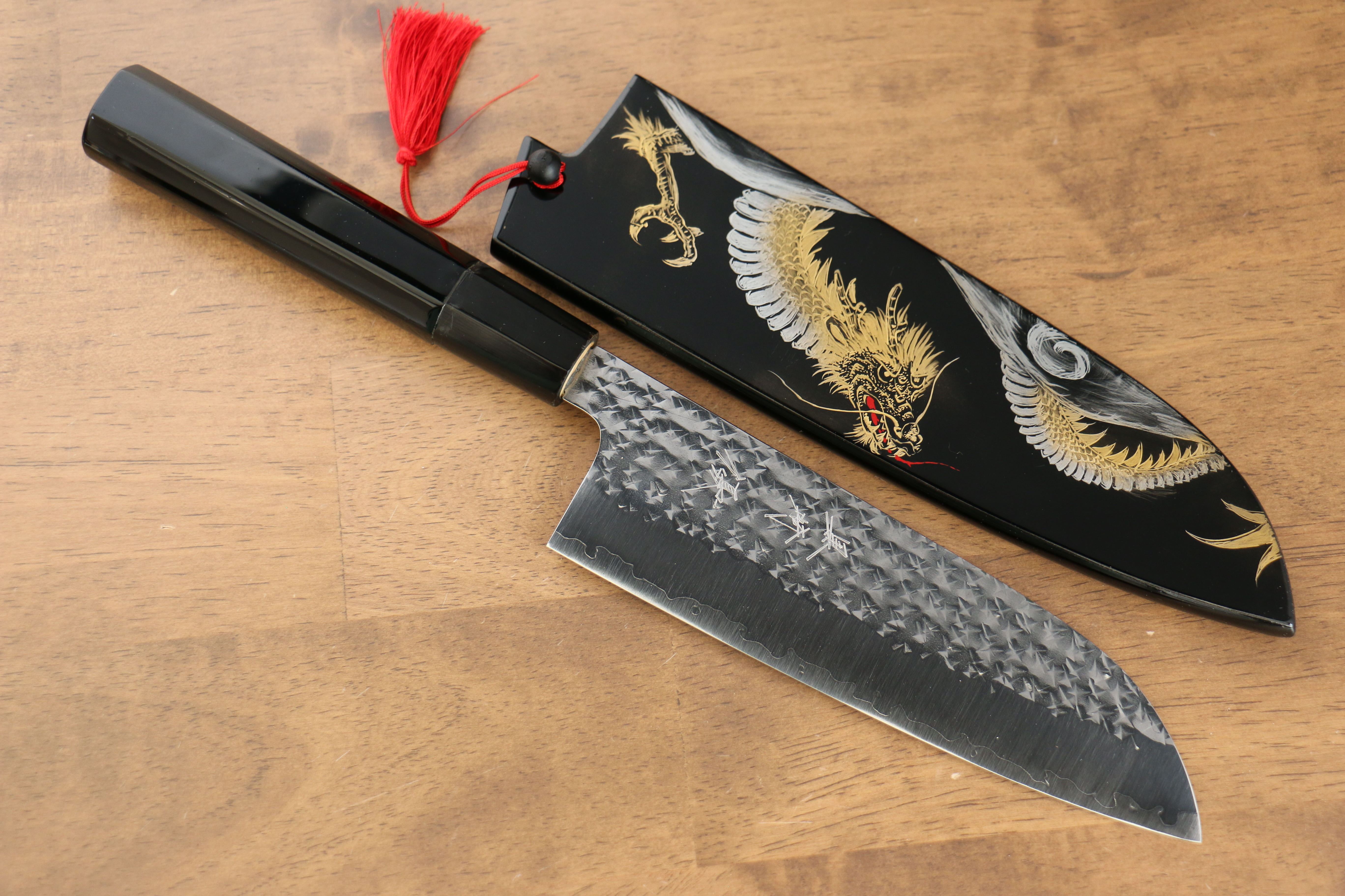 黑崎 優 閃光 SG2 鎚目 龍 沈金 三德刀 165mm 漆塗 握把 附刀鞘 - 清助刃物