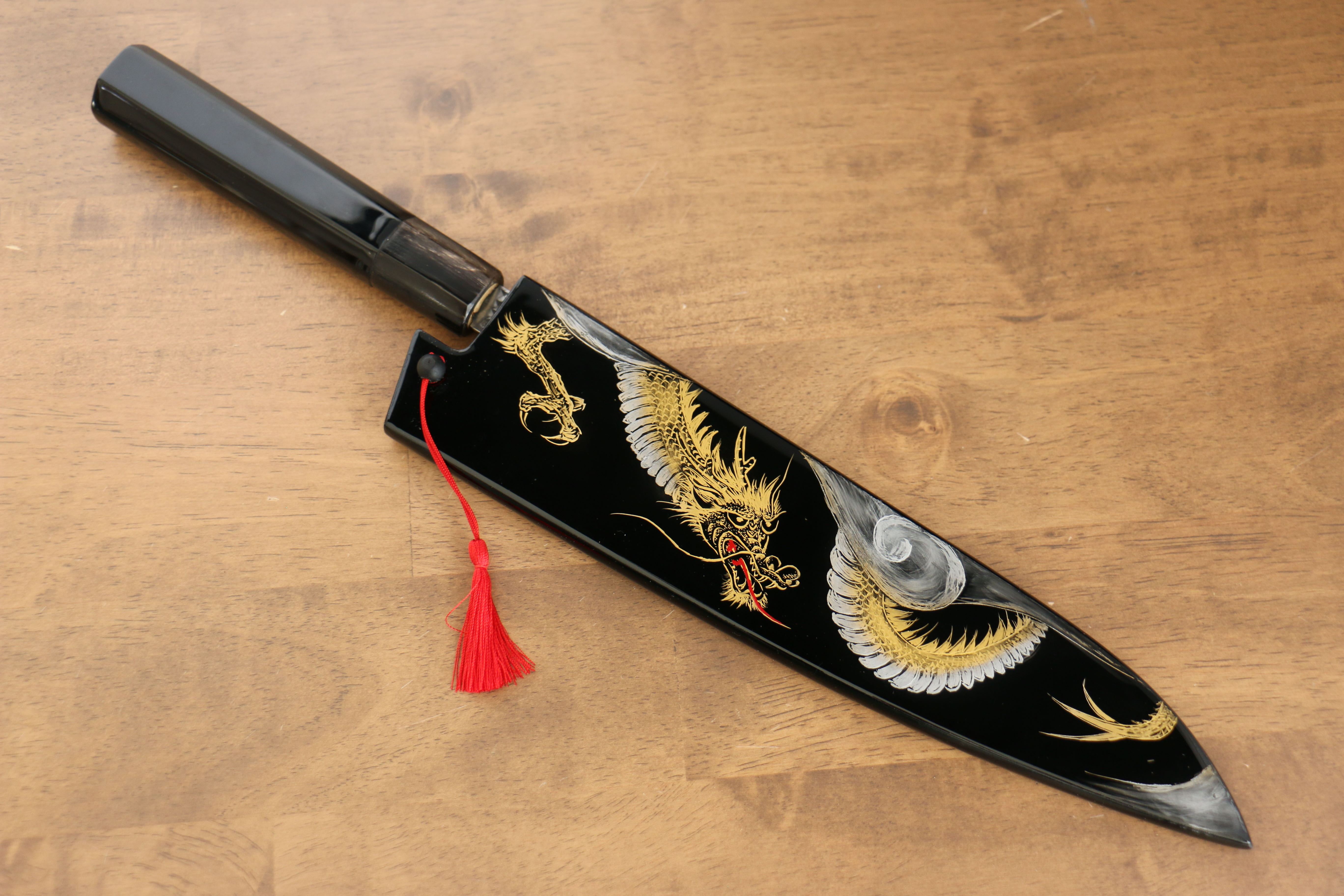 黑崎 優 閃光 SG2 鎚目 龍 沈金 牛刀 240mm 漆塗 握把 附刀鞘 - 清助刃物