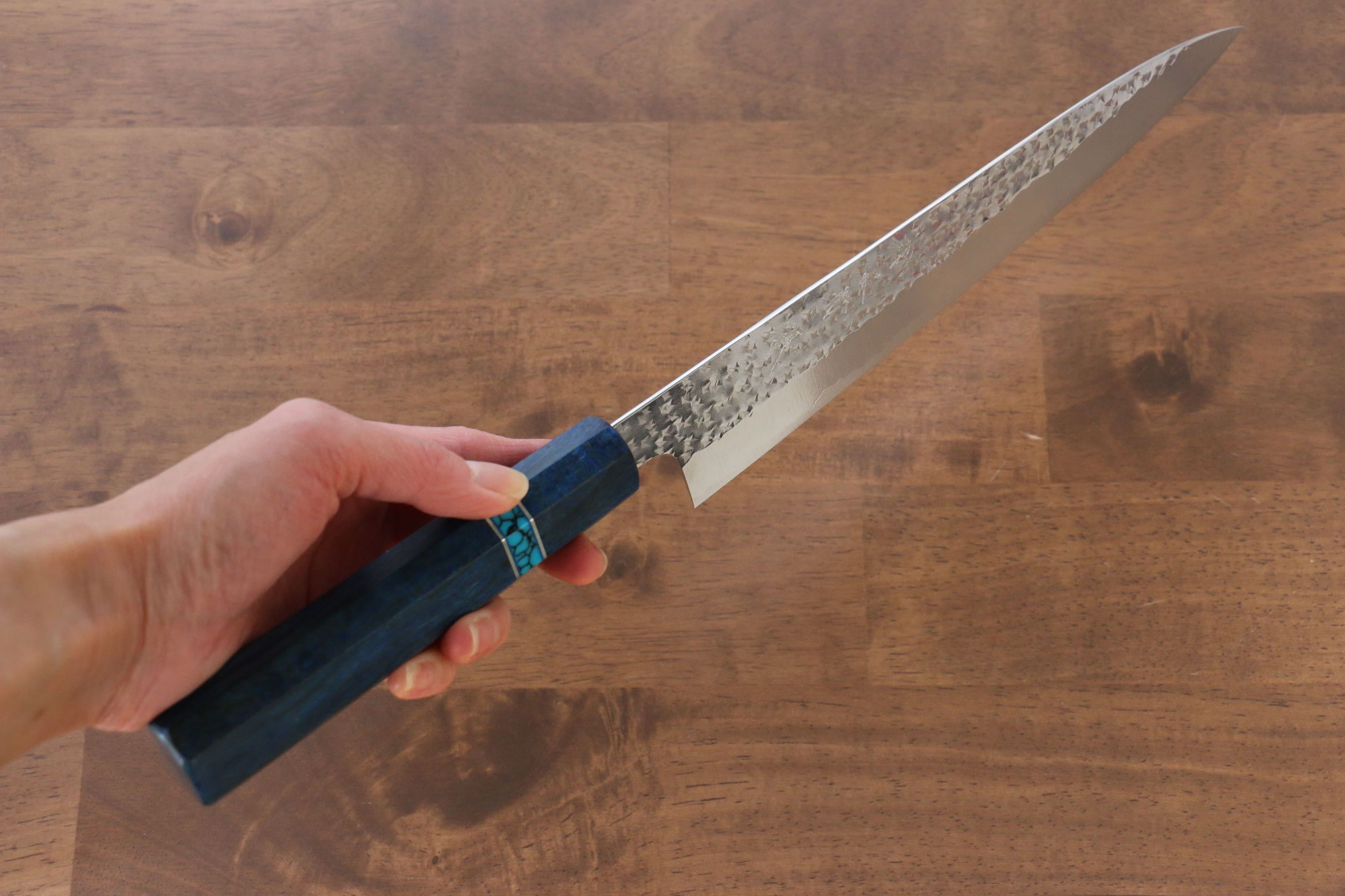 黑崎 優 閃光 SG2 鎚目 筋引 240mm 楓木(青色帶土耳其石環型設計)握把 - 清助刃物
