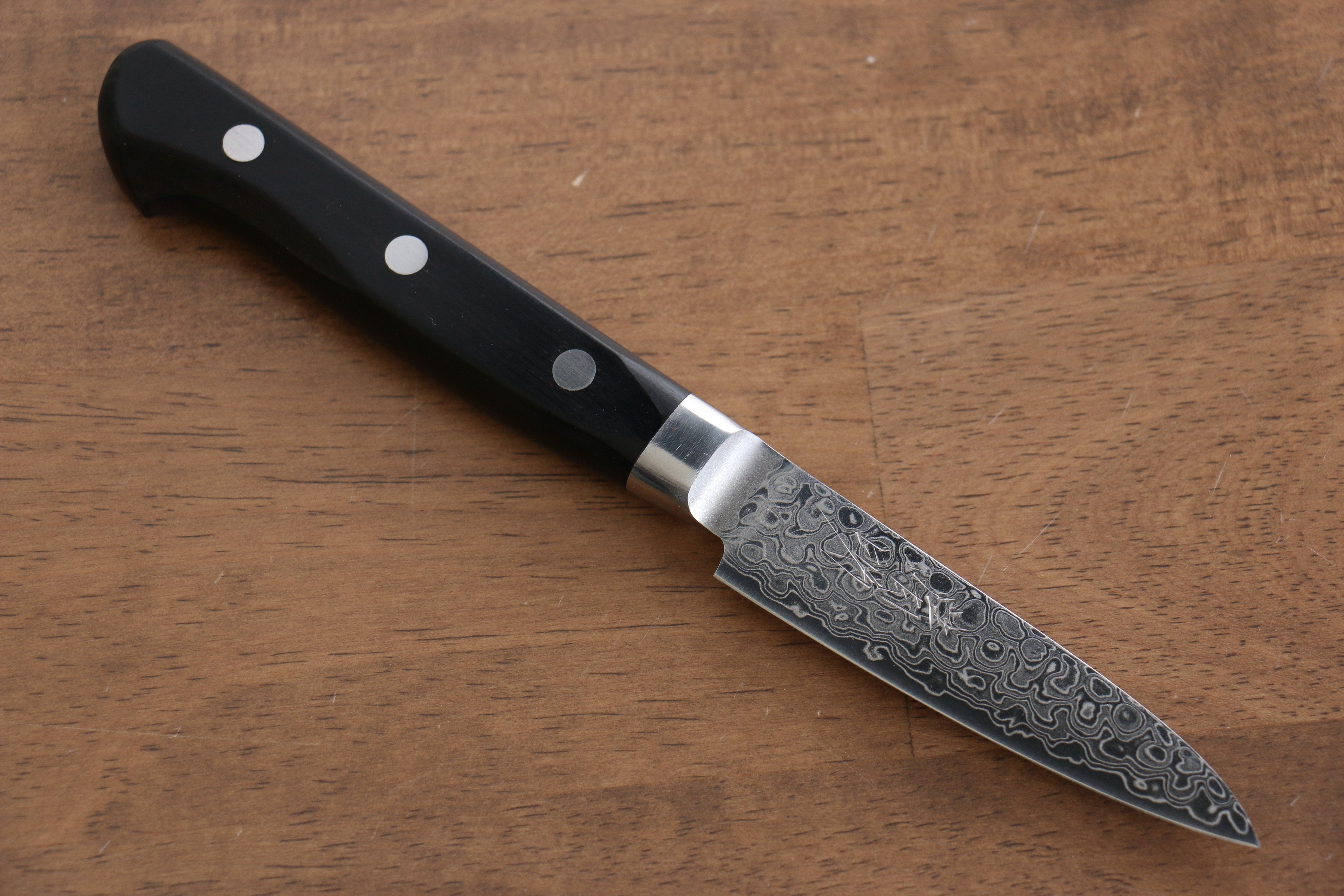 清助 AUS10 45層 鏡面處理 大馬士革紋 多用途小刀 80mm 黑合成木 握把 - 清助刃物