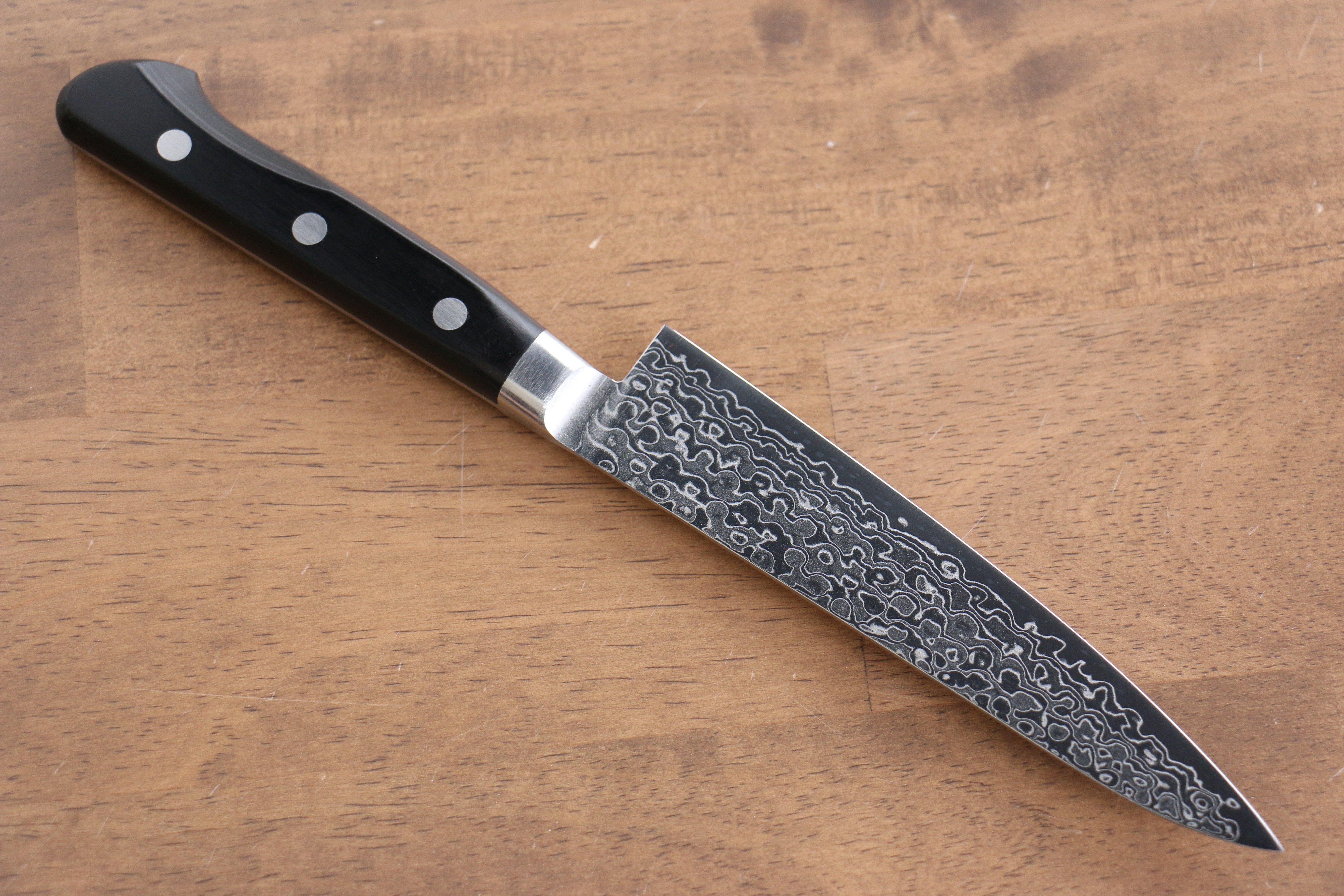 清助 AUS10 45層 鏡面處理 大馬士革紋 多用途小刀 135mm 黑合成木 握把 - 清助刃物