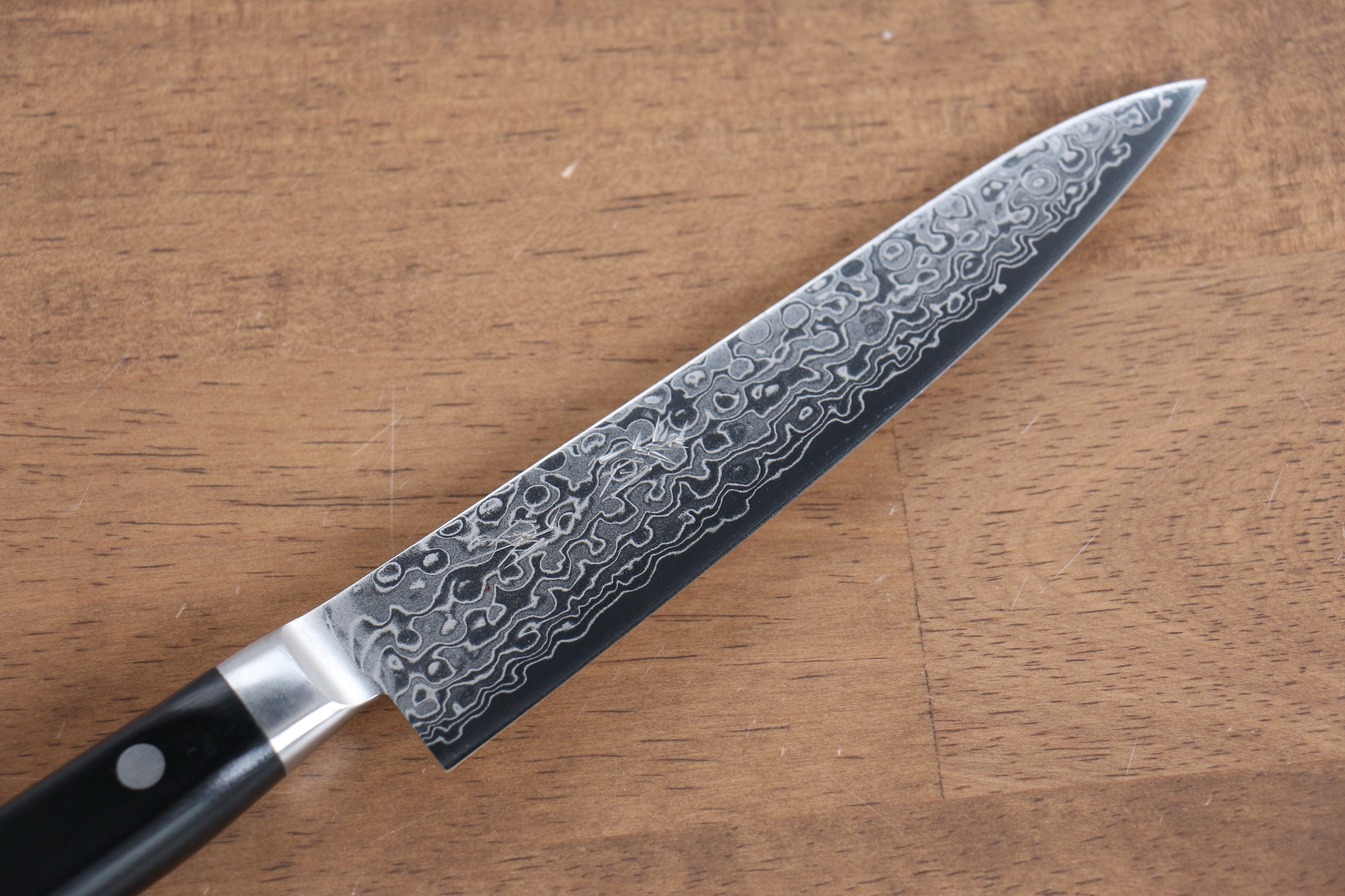 清助 AUS10 45層 鏡面處理 大馬士革紋 多用途小刀 135mm 黑合成木 握把 - 清助刃物