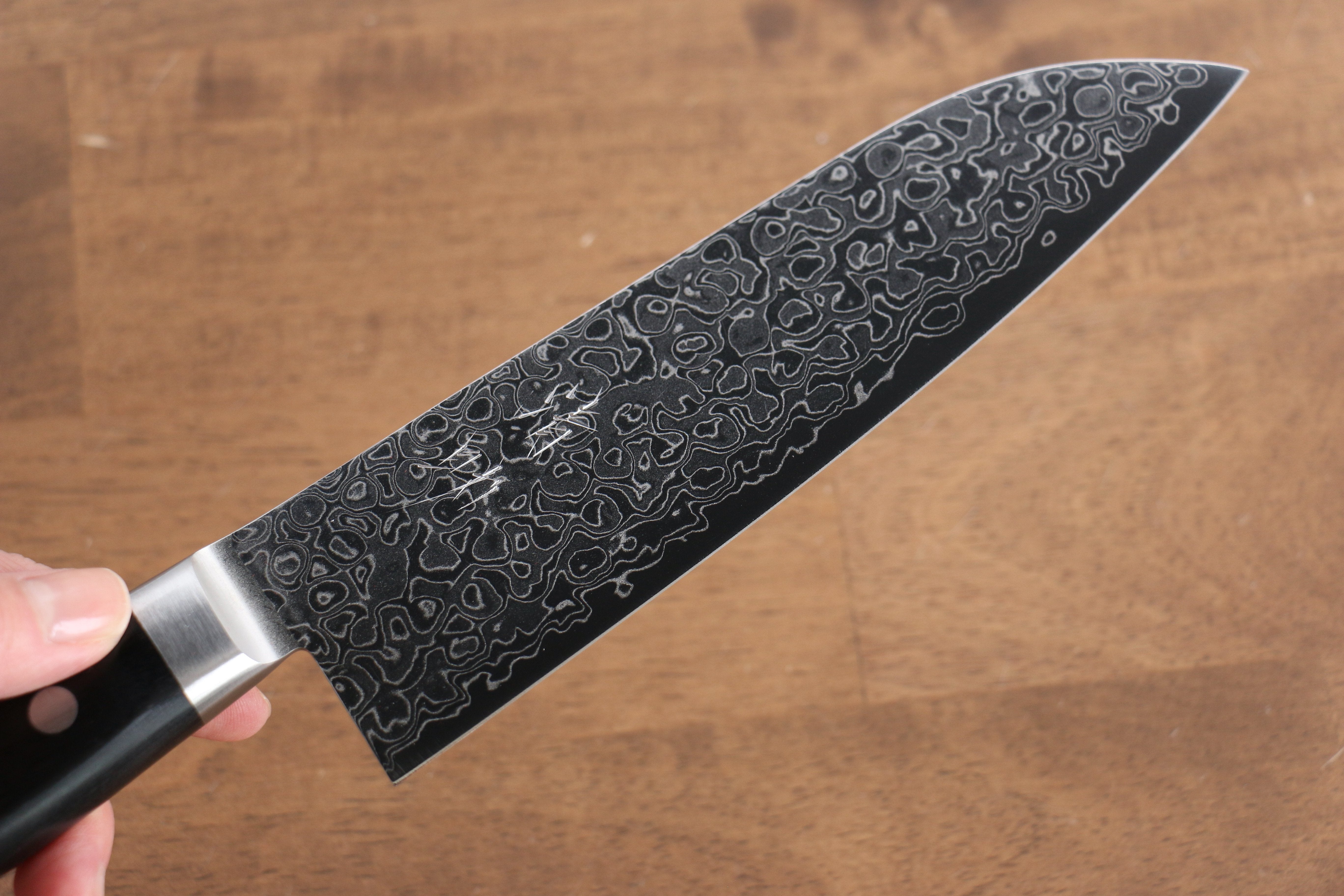 清助 AUS10 45層 鏡面處理 大馬士革紋 三德刀 170mm 黑合成木 握把 - 清助刃物
