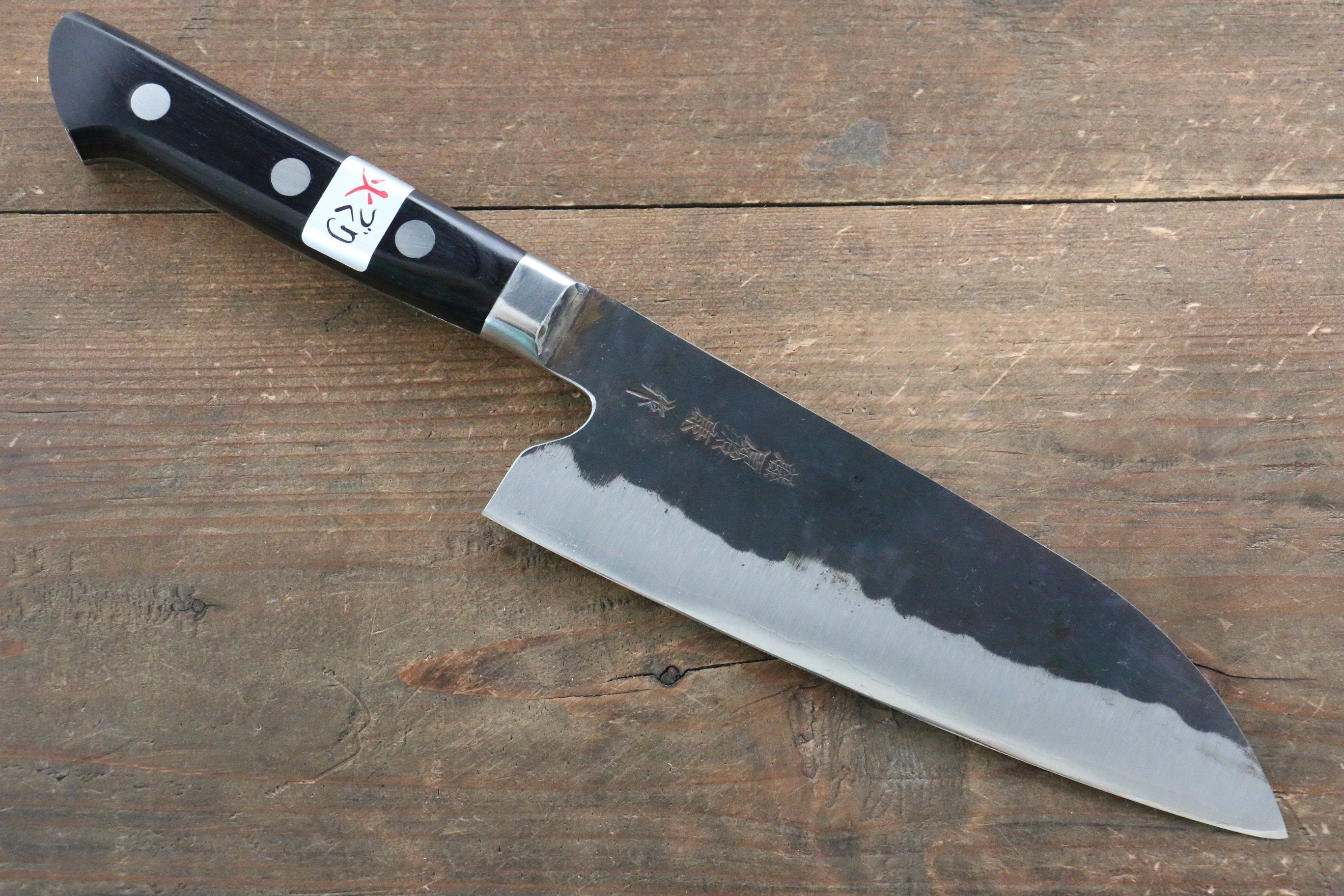 藤原 照康 傳家寶刀 超級青鋼 黑打 三德刀 165mm 黒合成木握把 - 清助刃物