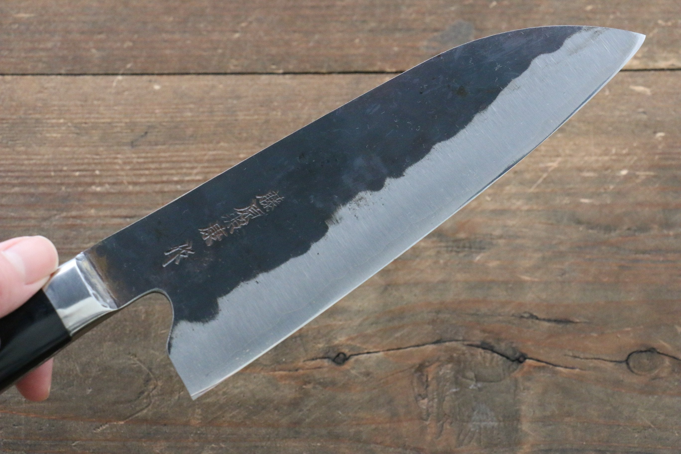 藤原 照康 傳家寶刀 超級青鋼 黑打 三德刀 165mm 黒合成木握把 - 清助刃物