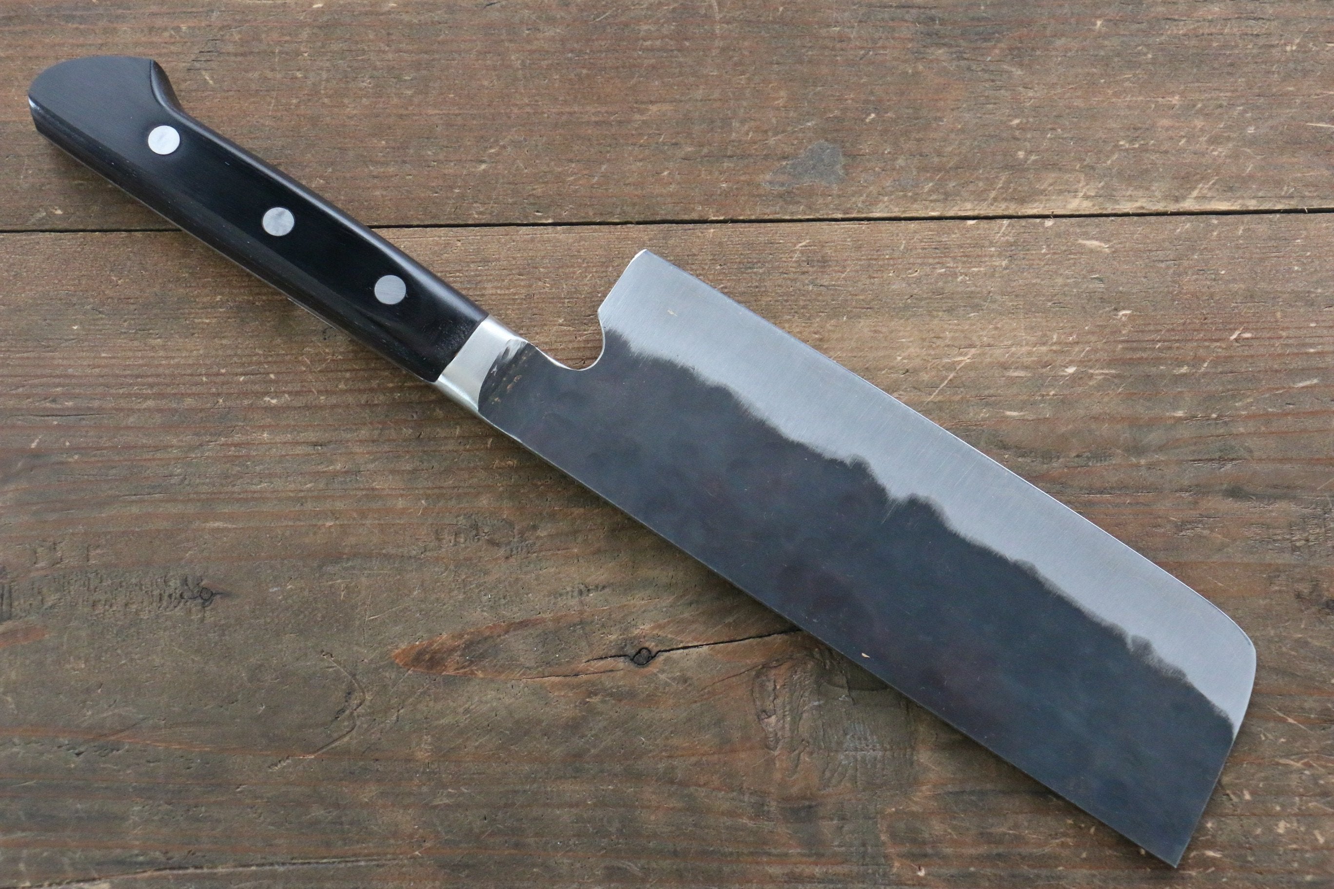 藤原 照康 傳家寶刀 超級青鋼 黑打 菜切 165mm 黒合成木握把 - 清助刃物