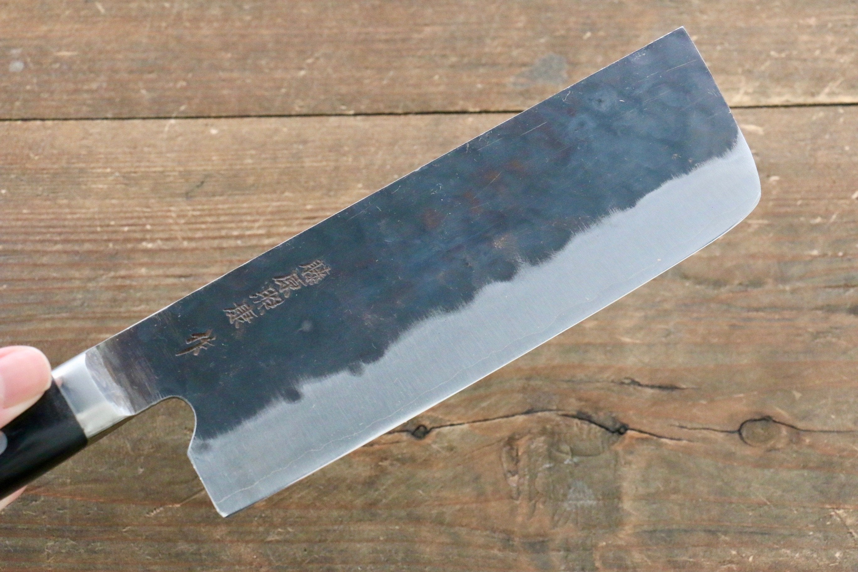 藤原 照康 傳家寶刀 超級青鋼 黑打 菜切 165mm 黒合成木握把 - 清助刃物