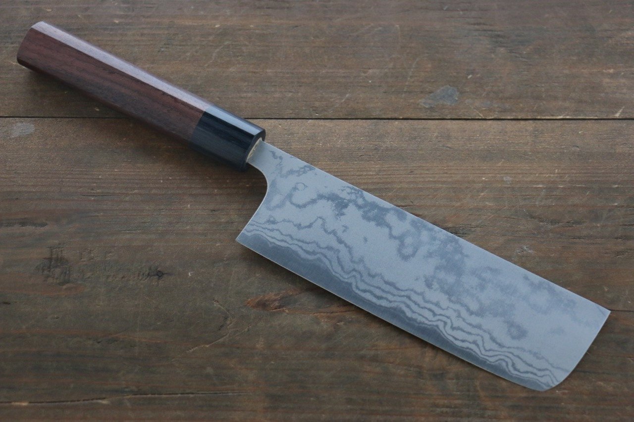 尾形 峻吾 白鋼二號 大馬士革紋 打磨處理 菜切 165mm 紫檀木 握把 - 清助刃物