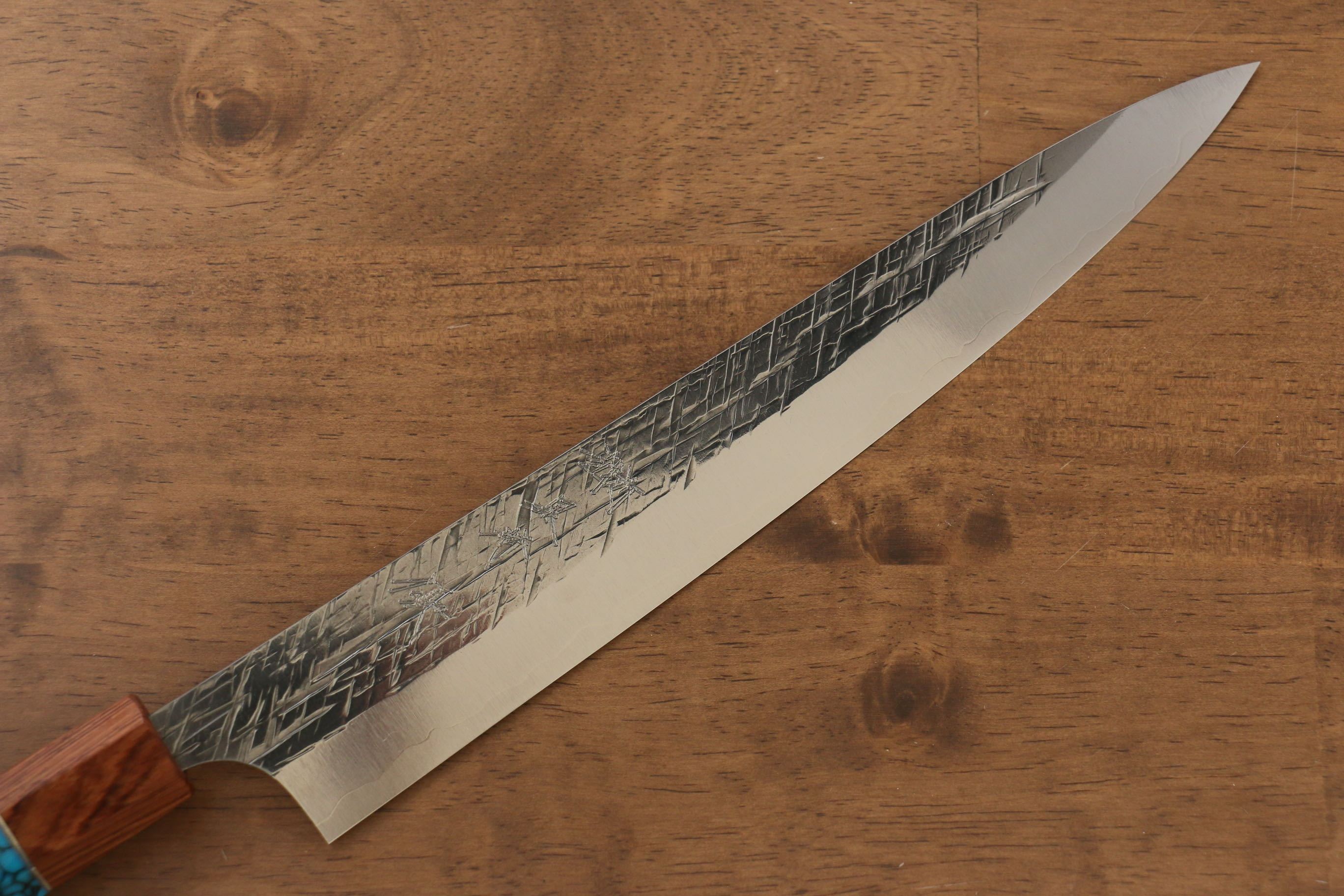 黑崎 優 雷神 特殊鈷合金 鎚目 筋引 240mm 楓木(茶色帶土耳其石環型設計) 握把 - 清助刃物