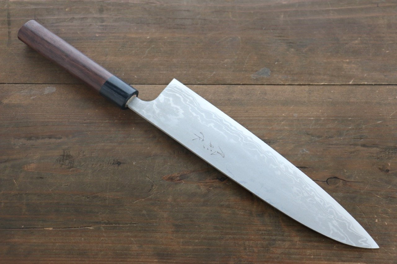 尾形 峻吾 白鋼二號 大馬士革紋 打磨處理 牛刀 240mm 紫檀木 握把 - 清助刃物